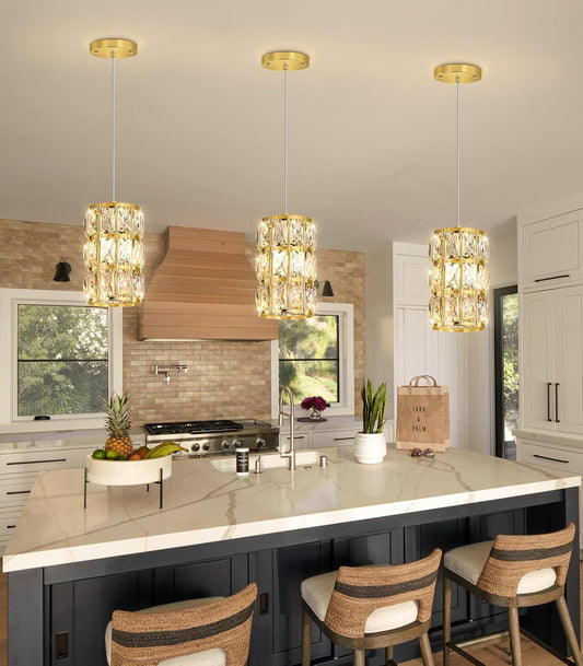 1-Lights Modern Crystal Pendant Lights for Kitchen Island LED Dimmable Glam Pendant Lighting Chandelier for Dining Room Hallway Corner Lamp Gold