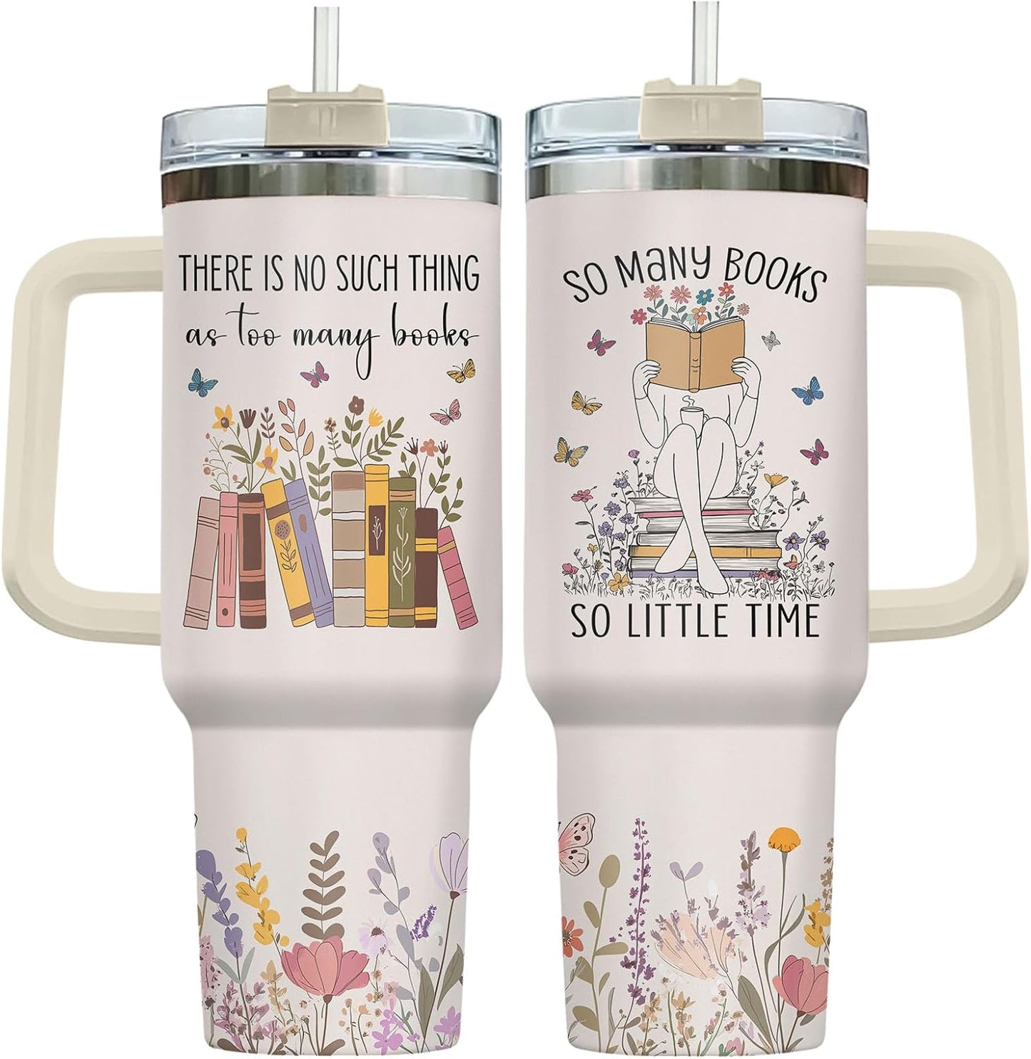 34HD Book Lover Tumbler 40oz with Handle and Straw, So Many Books So Little Time Girl Reading Vacuum Insulated Bookworm Mug, Bookish Gifts for Readers, Librarians & Booknerds