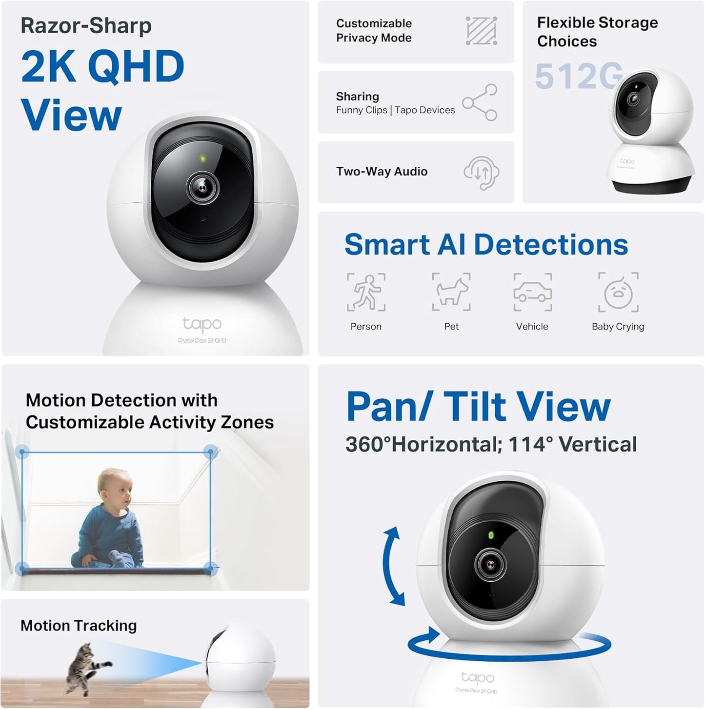 TP-Link Tapo 2K QHD Pan/Tilt Security Camera for Pet Camera, Baby Monitor, Motion Detection, Motion Tracking, 2-Way Audio, Night Vision, Cloud &SD Card Storage, Works w/Alexa & Google Home(Tapo C220)