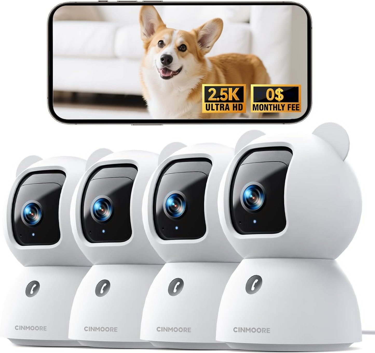 2.5K Indoor Camera 4pack, Non-Subscription AI Person/Pet/Cry Detection, 4MP Pet/Dog/Cat/Baby Camera w/Phone App, Pan Tilt WiFi Cameras for Home Security, Night Vision, Full Duplex Audio