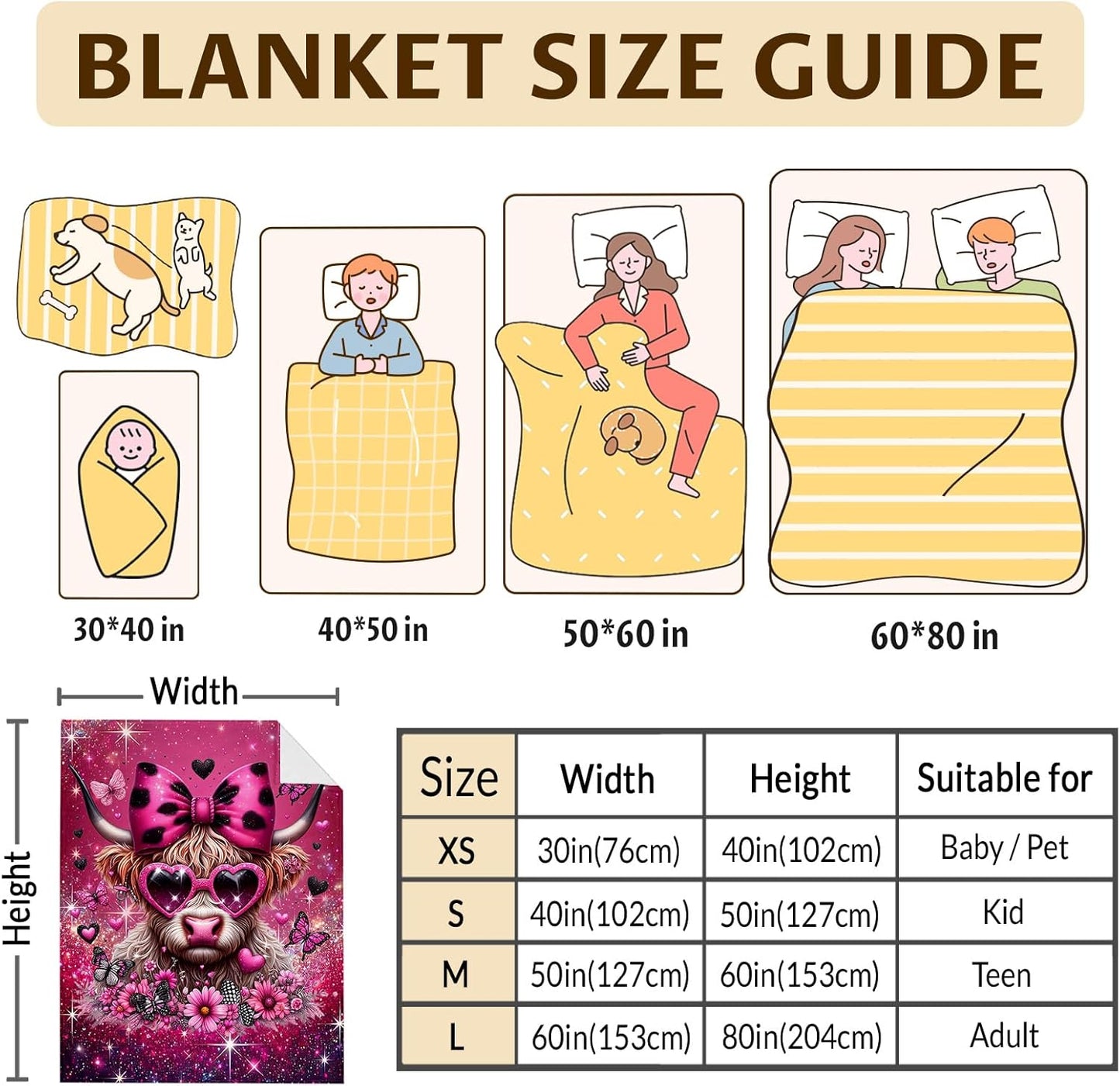 Kids Blanket for Girls Highland Cow Blankets Cow Theme Gift, Cute Cozy Soft 60 x 50 Inches Flannel Throws for Bed Travel Sofa Living Room Decor