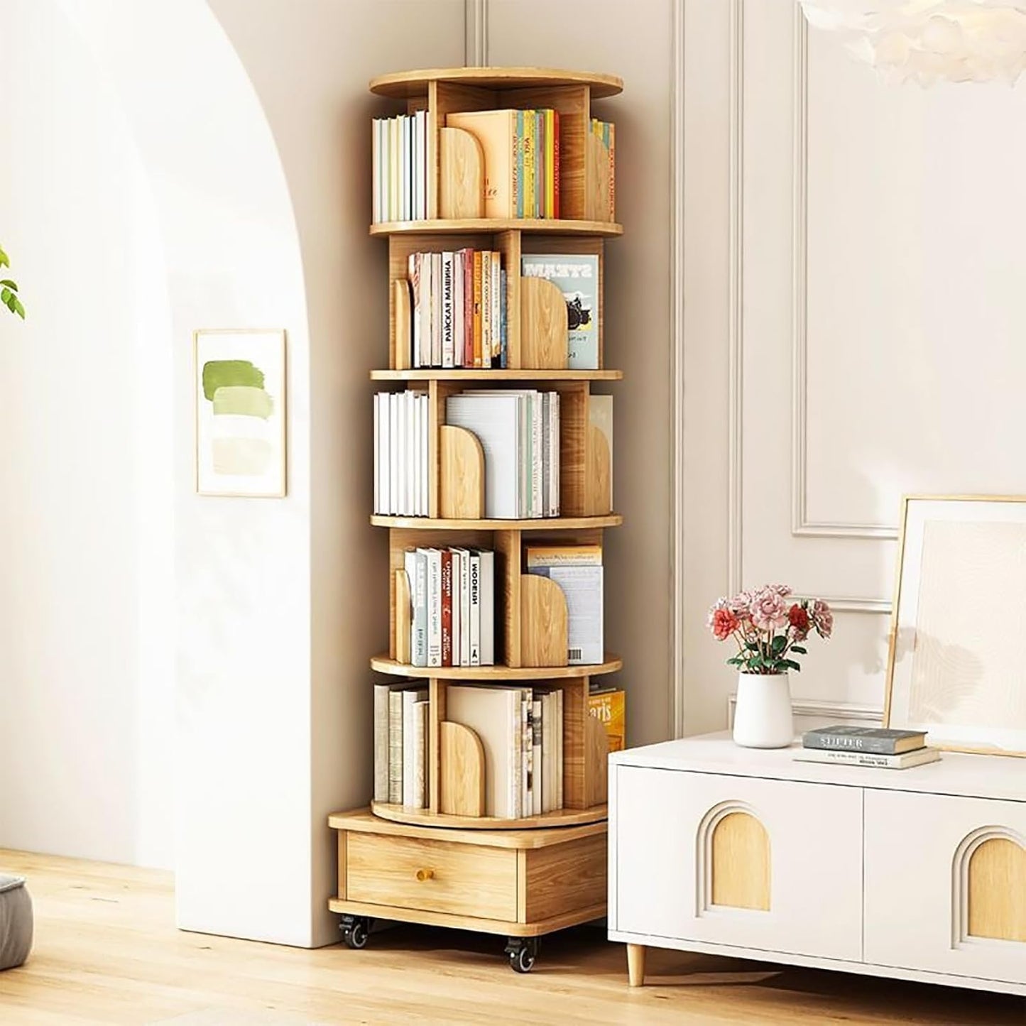 5 Tier Rotating Bookshelf 360 Display With Wheels Spinning Bookshelf Tower For Adult Floor Standing Bookcase Dtorage Rack With Drawer Circular Bookshelf Rotating For Living Room Study Room Office