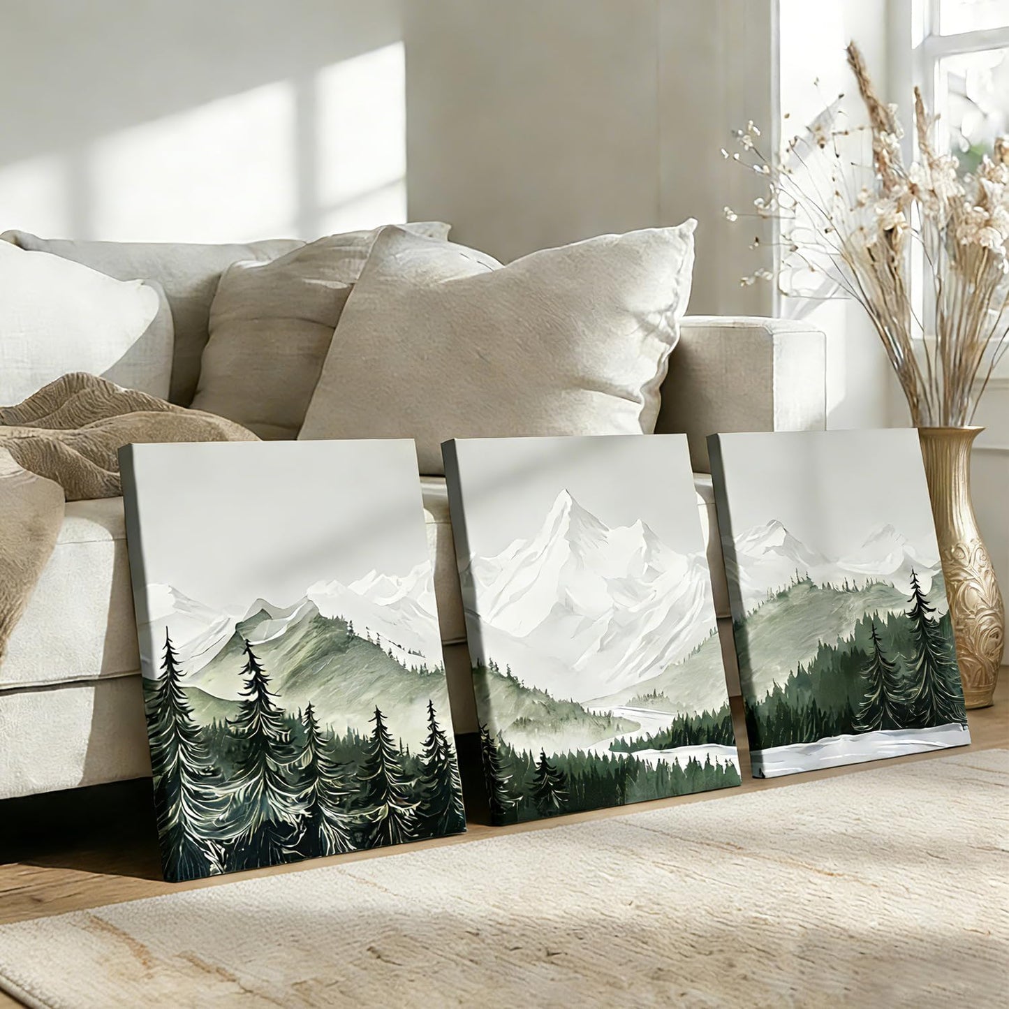 3 pcs Frame Watercolor Neutral Wall Art Canvas Print Mountain Forest Landscape Nature Wall Decor Artwork Scandinavian Minimalist Posters Prints 12x16 Inch for Living Room Bedroom Office Home