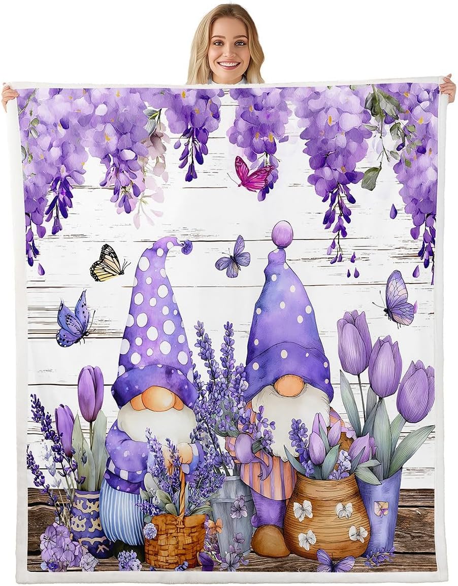 Erosebridal Flowers Blanket,Purple Flower Rustic Farmhouse Throw Blanket for Couch Bed Sofa,Cute Gnome Butterfly Fleece Blanket,Wild Animals Butterflies Floral Bed Blanket 60"x80"