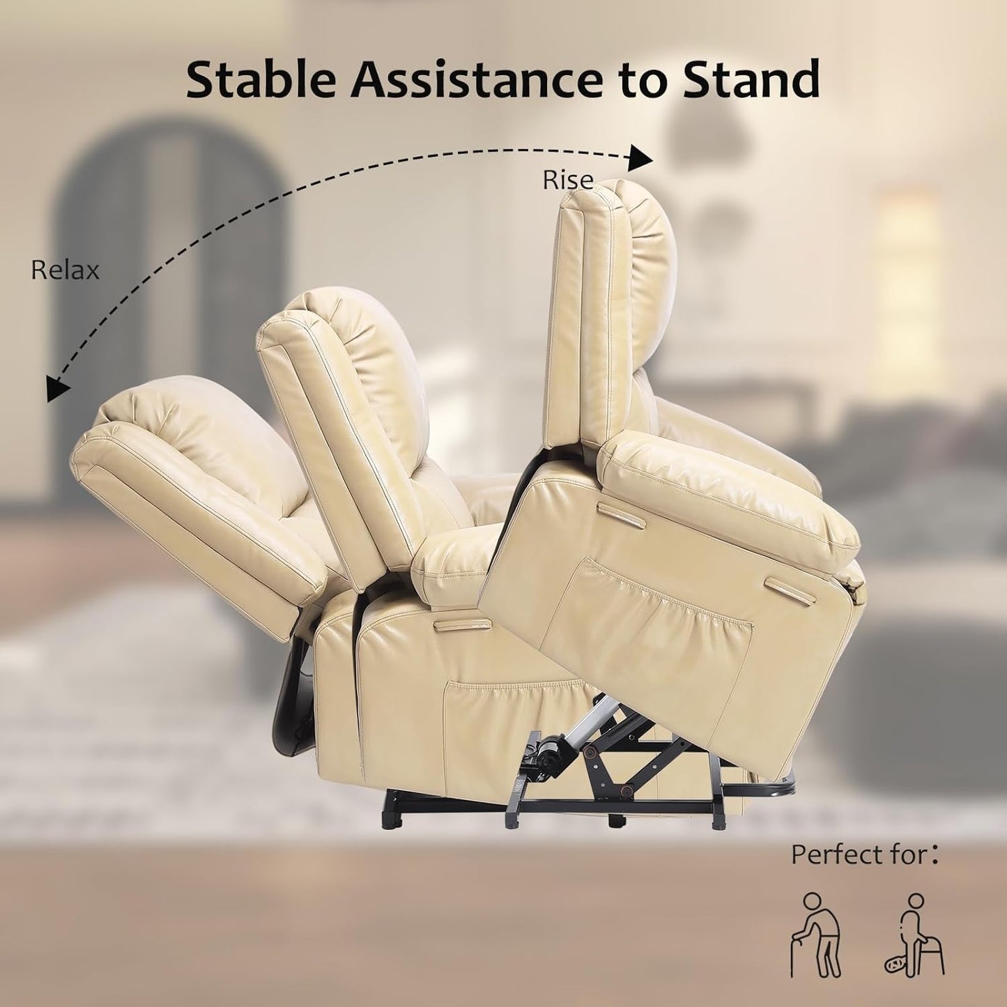 Power Lift Recliner Chair for Adults Adjustable Electric Reclining Sofa Lounge with Massage and Heat PU Leather Reclining Chairs with Side Pocket for Living Room Bedroom(Brown)