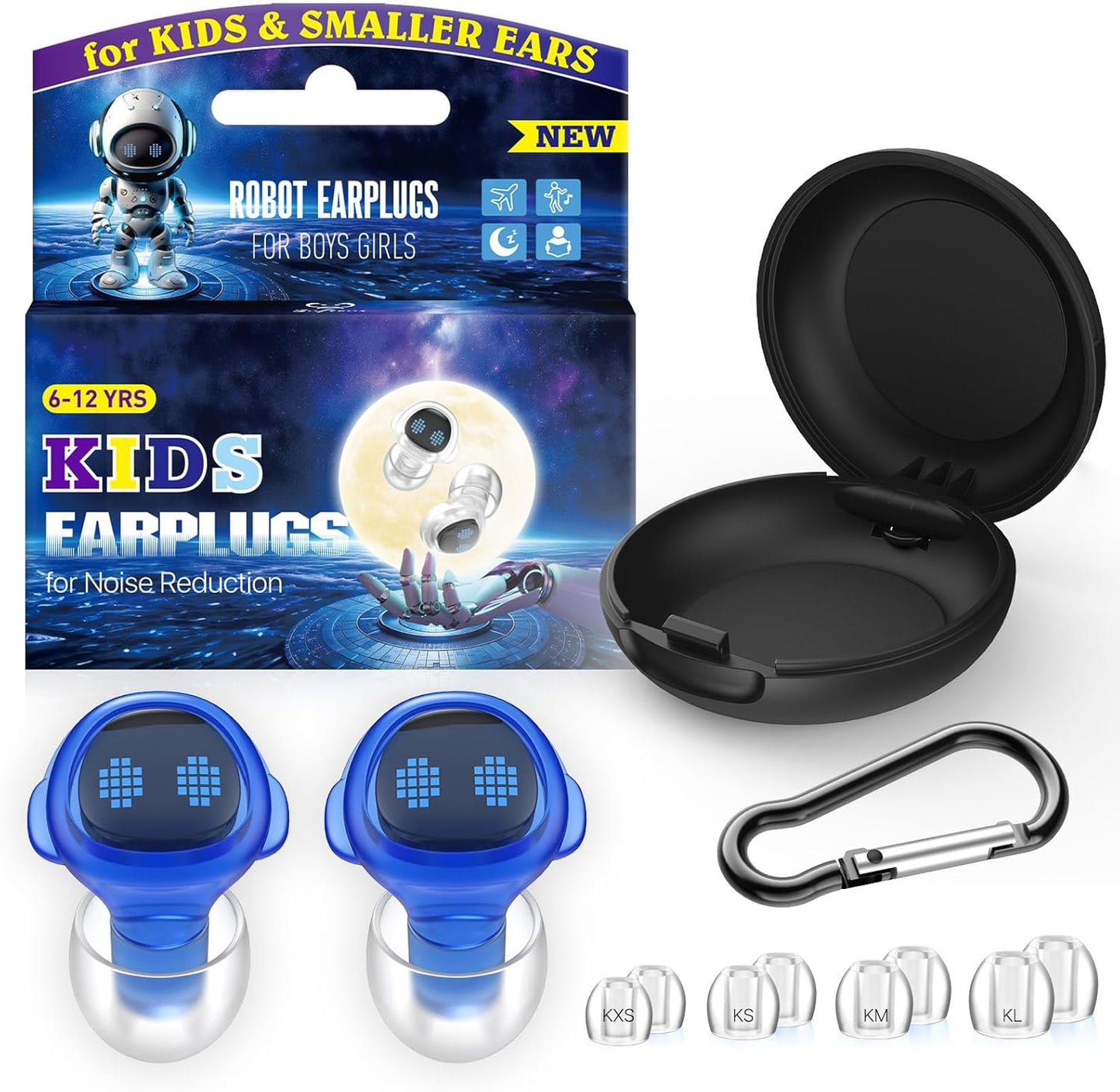 Kids Ear Plugs (6–12 Years), Reusable Silicone Noise Reduction Earplugs for Kids & Adults with Small Ears, 26dB Hearing Protection for Noise Sensitivity, Focus, Travel, Concerts, 4 Sizes + Carry Case
