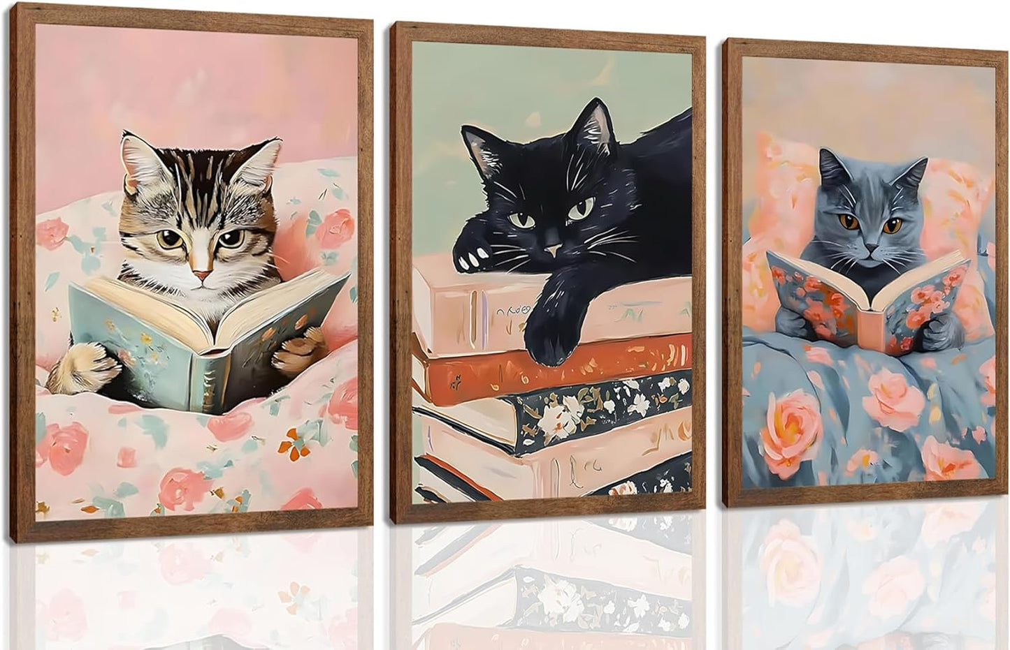 Chmylon Wall Art Set of 3,Cute Reading Cats Canvas Wall Decor, Funny Animal Book Art Prints, Pink Aesthetic Wall Artwork for Girls Room Bedroom Kids Room Living Room Bathroom Decor 12x16In Wood Framed