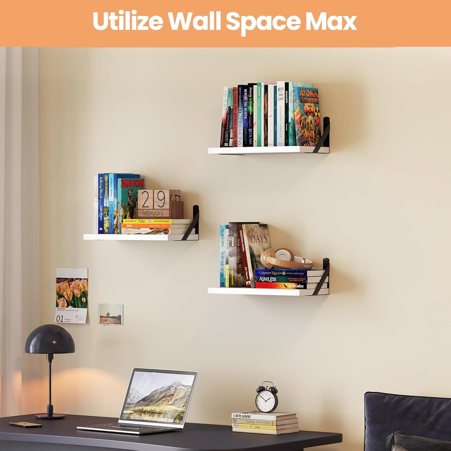 upsimples 15.7 Inches Floating Book Shelves for Wall, Wood Shelves for Living Room, Bathroom, Bedroom, Kitchen Storage and Decoration, White