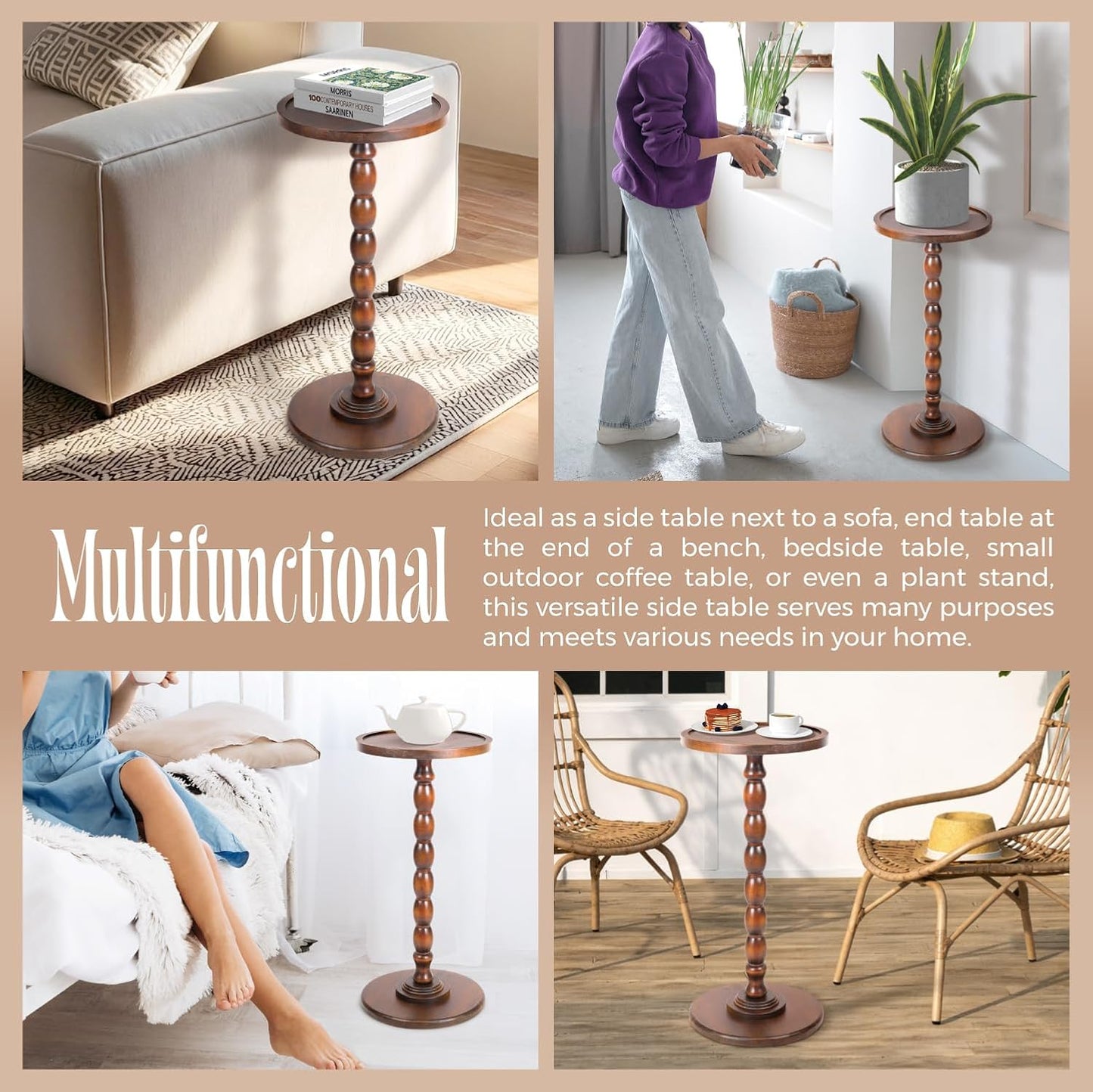 Solid Wood Round Pedestal Side Table with Tray-Top Rim – Bobbin Turned Accent End Table for Living Room, Bedroom – Compact Small Round Drink Table with Stable Base, Nightstand with Solid Table Wood