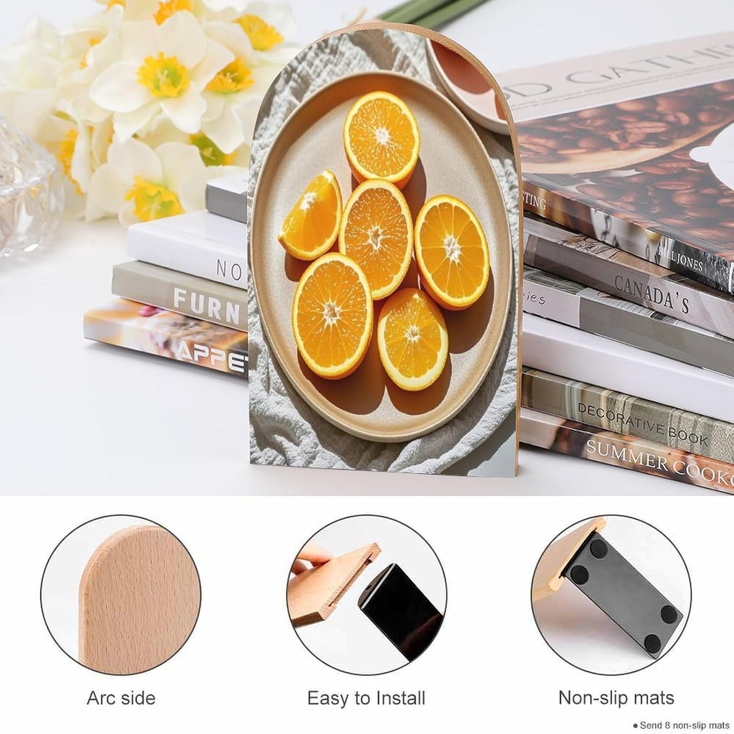 Orange Slices Bookends 1 Pair Heavy Duty Book Ends for Shelves Non-Skid Bookend Supports Wooden Book Holders with Metal Base Desk Organizers Books Storage to Hold Books