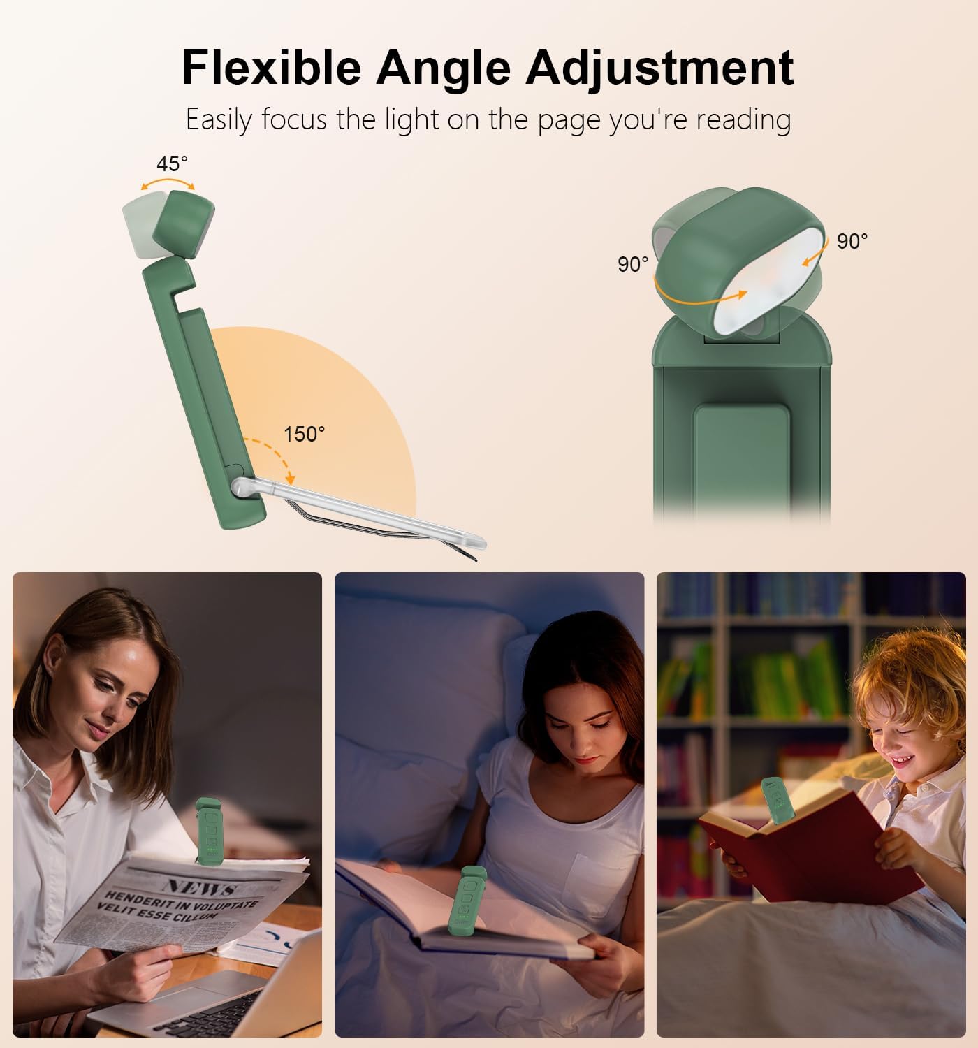 Gritin Reading Light,Book Light for Reading in Bed-Eye Caring 3 Colors, 5-Level Dimmable Brightness,Long Lasting, Compact Size Rechargeable Clip on Book Reading Light for Book Lovers-Dark Green