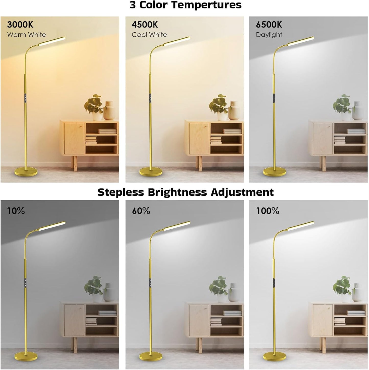 Dimunt LED Floor Lamp, Bright 15W Floor Lamps for Living Room with 1H Timer, Stepless Adjustable 3000K-6000K Colors & Brightness Standing Lamp with Remote & Touch Control Reading Floor Lamps-Golden