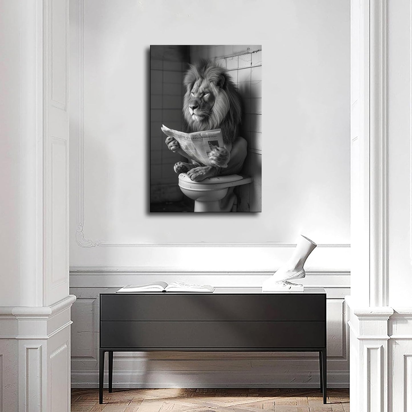 Black and White Photo of A Lion Reading A Newspaper on A Toilet Print Poster Picture HD Print Poster Retro Painted Modern Home Bedroom Room Aesthetic Decoration Canvas Art (12x18inch Unframed)
