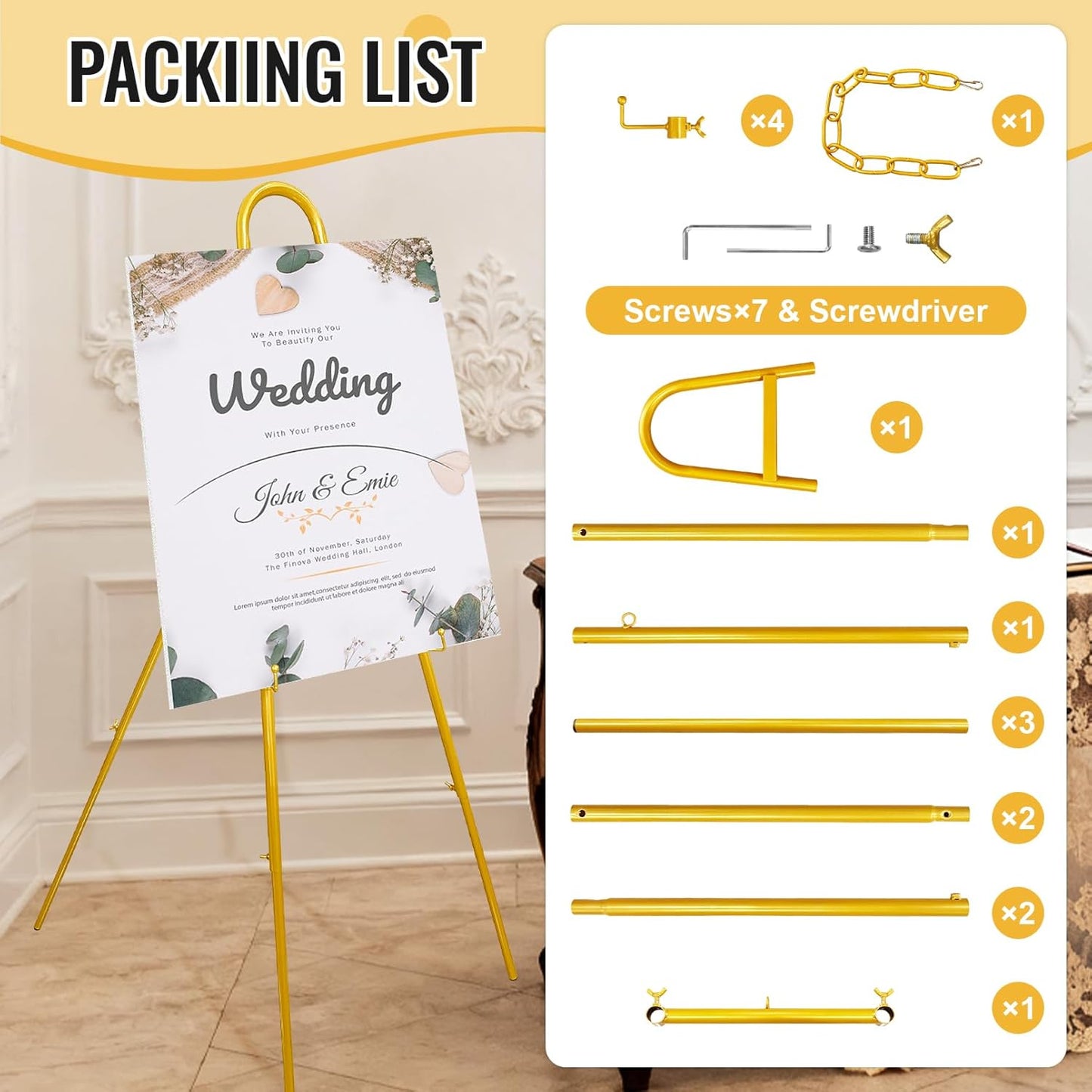 52" Gold Easel Stand for Wedding Sign, Adjustable Height Levels, Lockable at Any Height, 3 Display Modes, Heavy Duty Art Easel for Wedding, Draw Pictures, Art Gallery & Shop Promotion