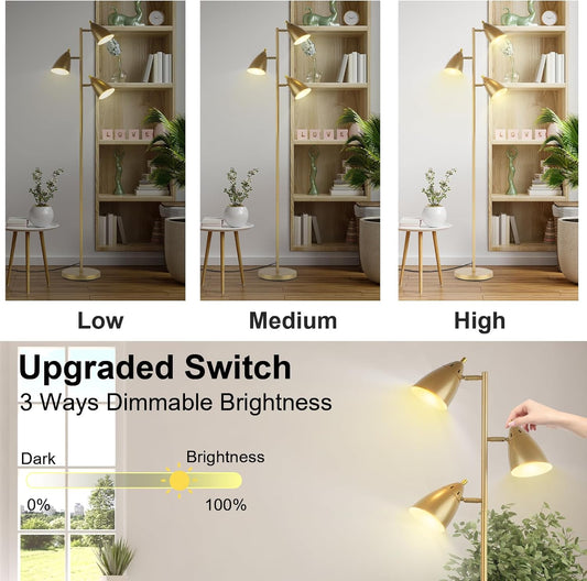 Tree Floor Lamp for Living Room, Industrial 3-Light Standing Lamp with 3 LED Bulbs, Adjustable Rotation Heads, Standing Tall Pole Lamp Farmhouse Rustic Reading Lamps for Bedroom Office (Gold)