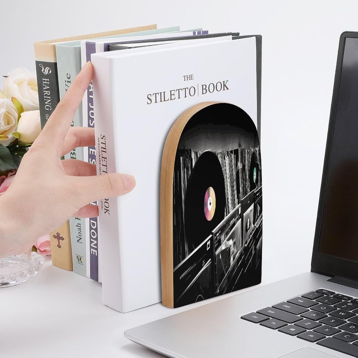 Vinyl Records Bookend for Shelves Wooden Book End Large Size Sturdy Book Holders Stoppers with Metal Base for Bookshelves Slick Decorative Bookends Stands