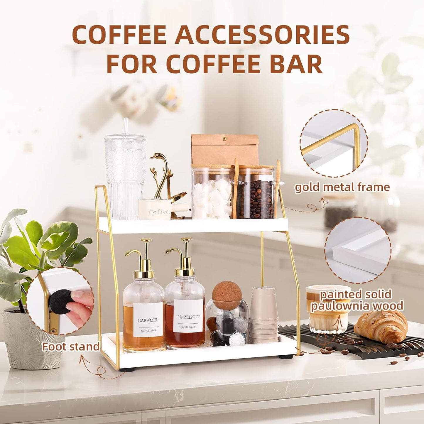 DWTS Coffee Bar Accessories,Coffee Station Organizer with Multi-Functional,CoffeeBar Decor for Accessories,2 Tier Wooden Shelf Gold Metal Station Organizer for Countertop,Syrup