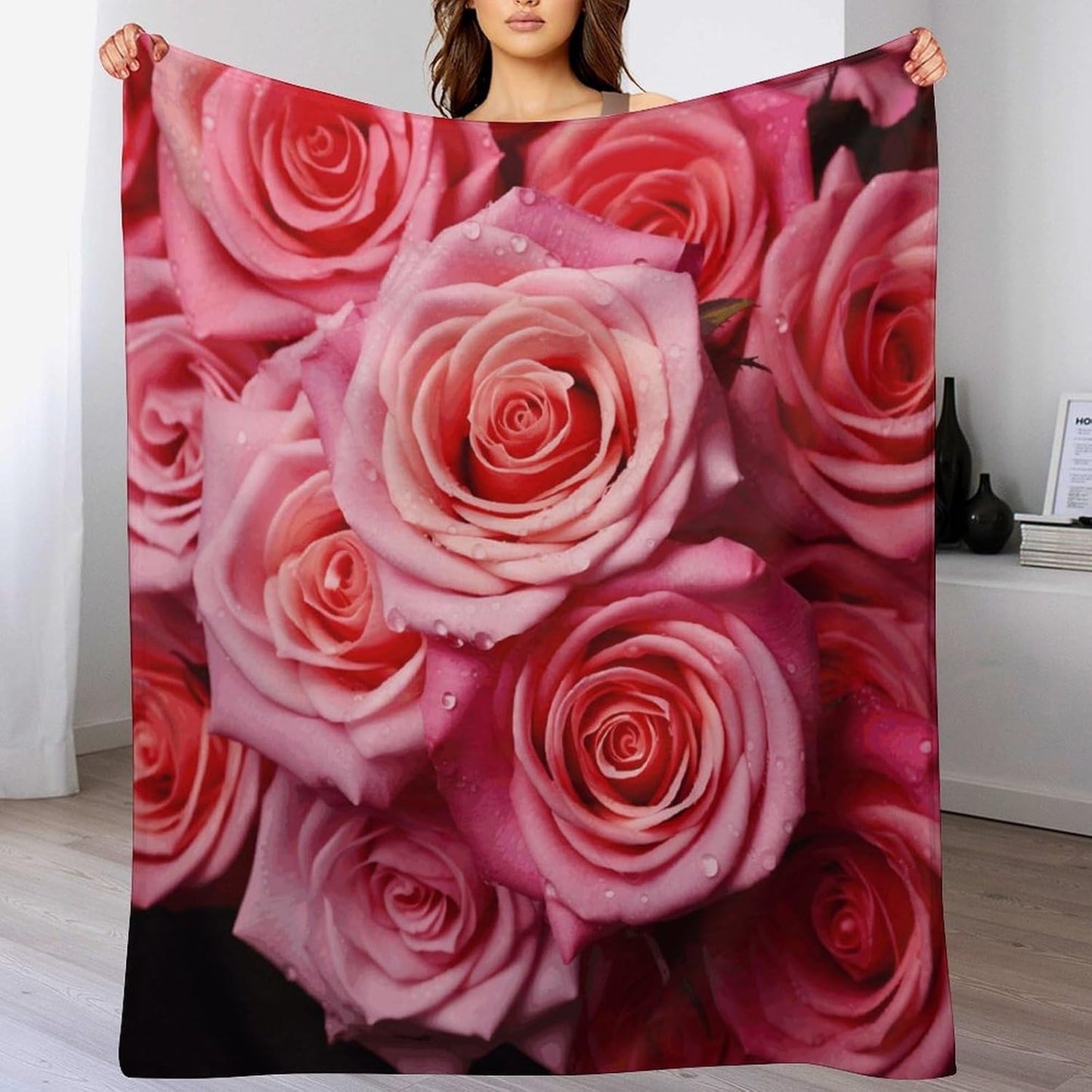 Elegant Rose Flower Throw Blanket for Couch Super Soft Warm Lightweight Throw Blankets Cozy Flannel Bed Blanket Cute Decorative Blankets for All Seasons Home Decor Gift 40"*50" （100 * 130cm）
