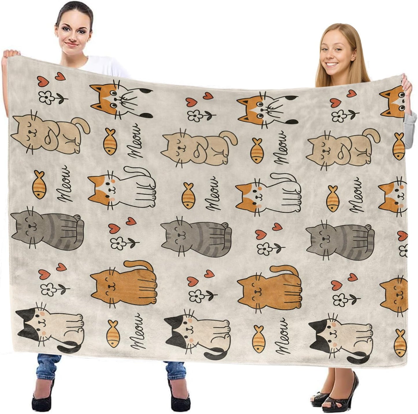 Cute Cat and Fish Throw Blanket, Lightweight Warm Funny Cartoon Kitten Flannel Blanket, Home Decor and Gifts, Soft Cozy Blankets for Women Girls Kids, 50"x60" for Bed Couch Travel