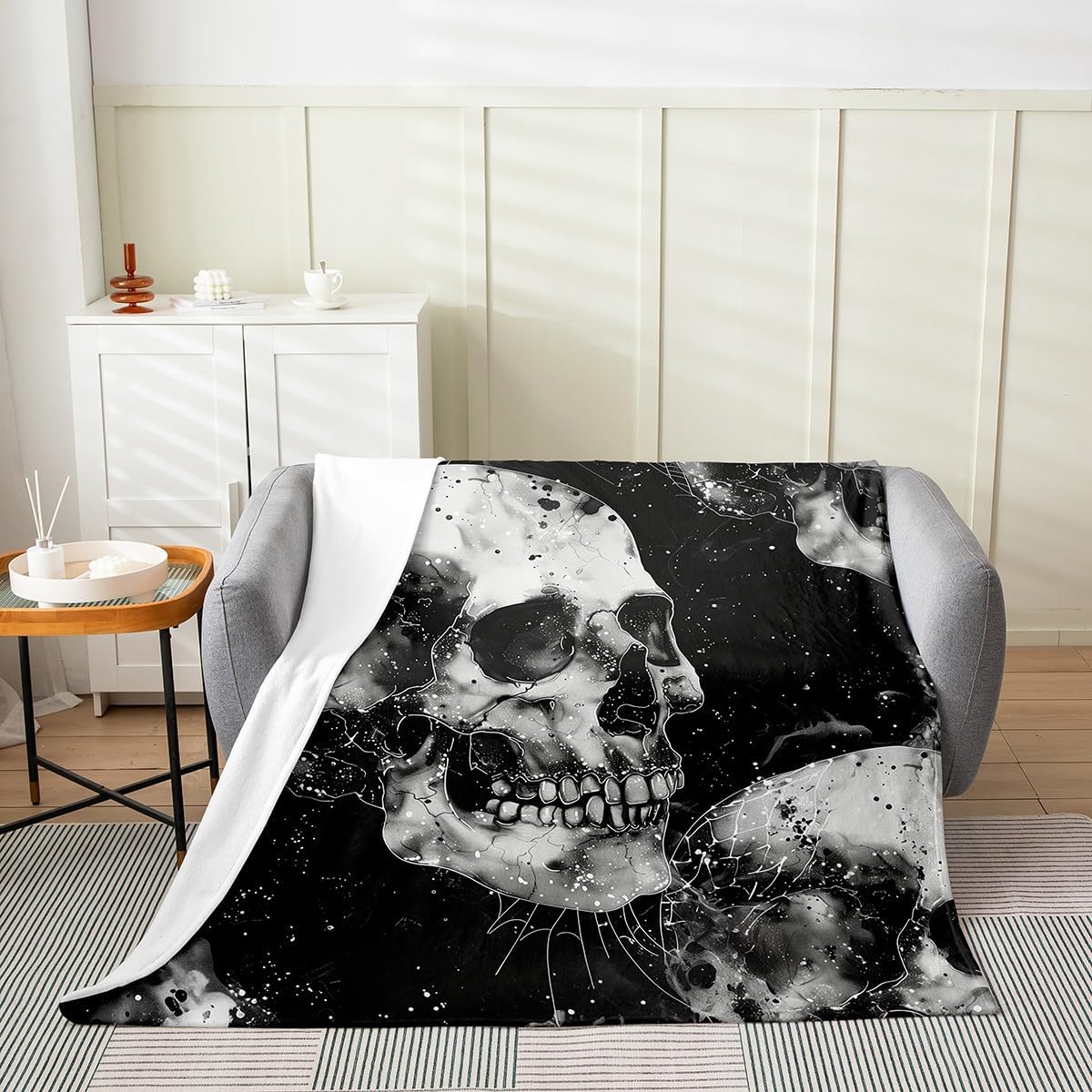 Feelyou Sugar Skull Plush Blanket Halloween Skeleton Skull Flannel Fleece Throw Blanket Halloween Decor Cute Skull Fuzzy Blanket Queen 90"x90" Warm Cozy