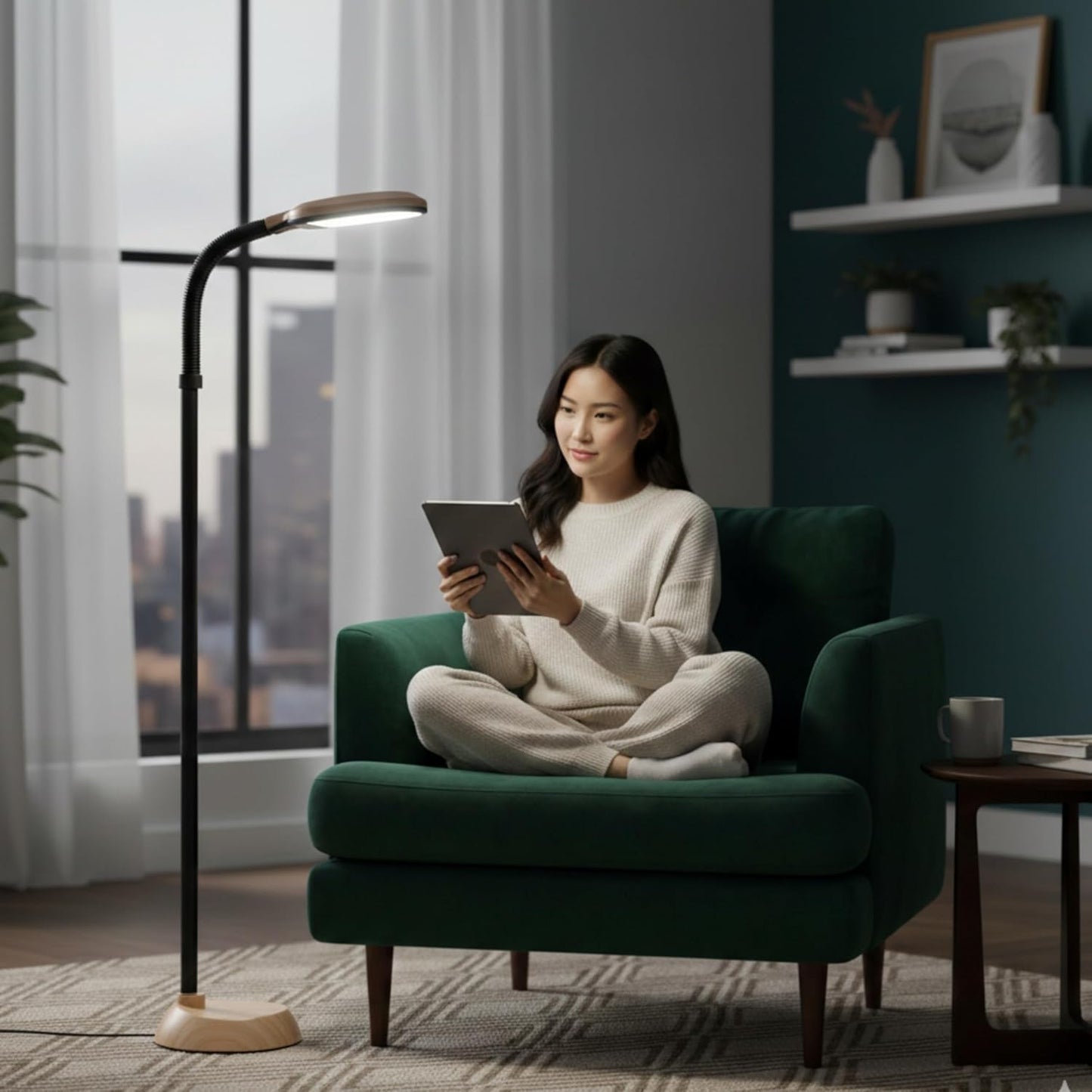 Lavish Home Adjustable Floor Lamp for Bedroom with Bendable Neck - Full Spectrum Natural Sunlight Lamp for Office and Living Room - Reading, Craft, and Esthetician Light (Light Woodgrain)