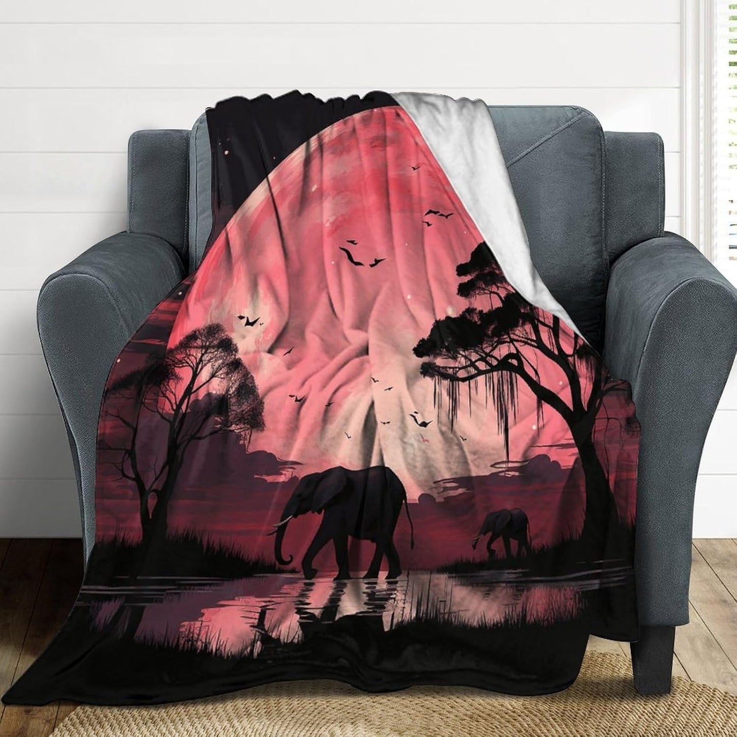 Pink Moon Elephant Throw Blanket for Couch Super Soft Warm Lightweight Throw Blankets Cozy Flannel Bed Blanket Cute Decorative Blankets for All Seasons Home Decor Gift 60"*80"（150 * 200cm）