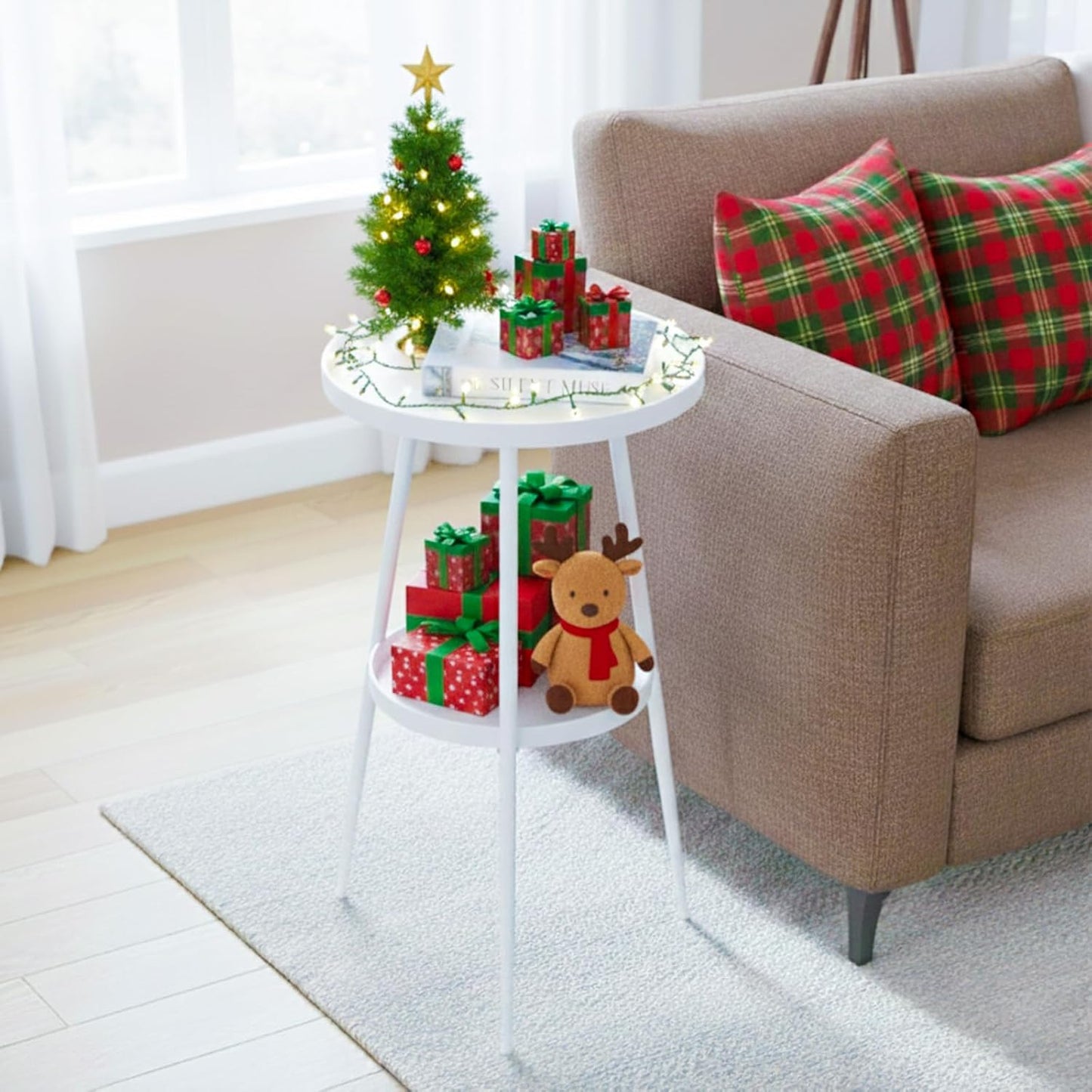 ShellKingdom Small Round Side Table, 2 Tier Metal End Table for Indoor Outdoor Bedroom Living Room Home Office Nightstand (White)