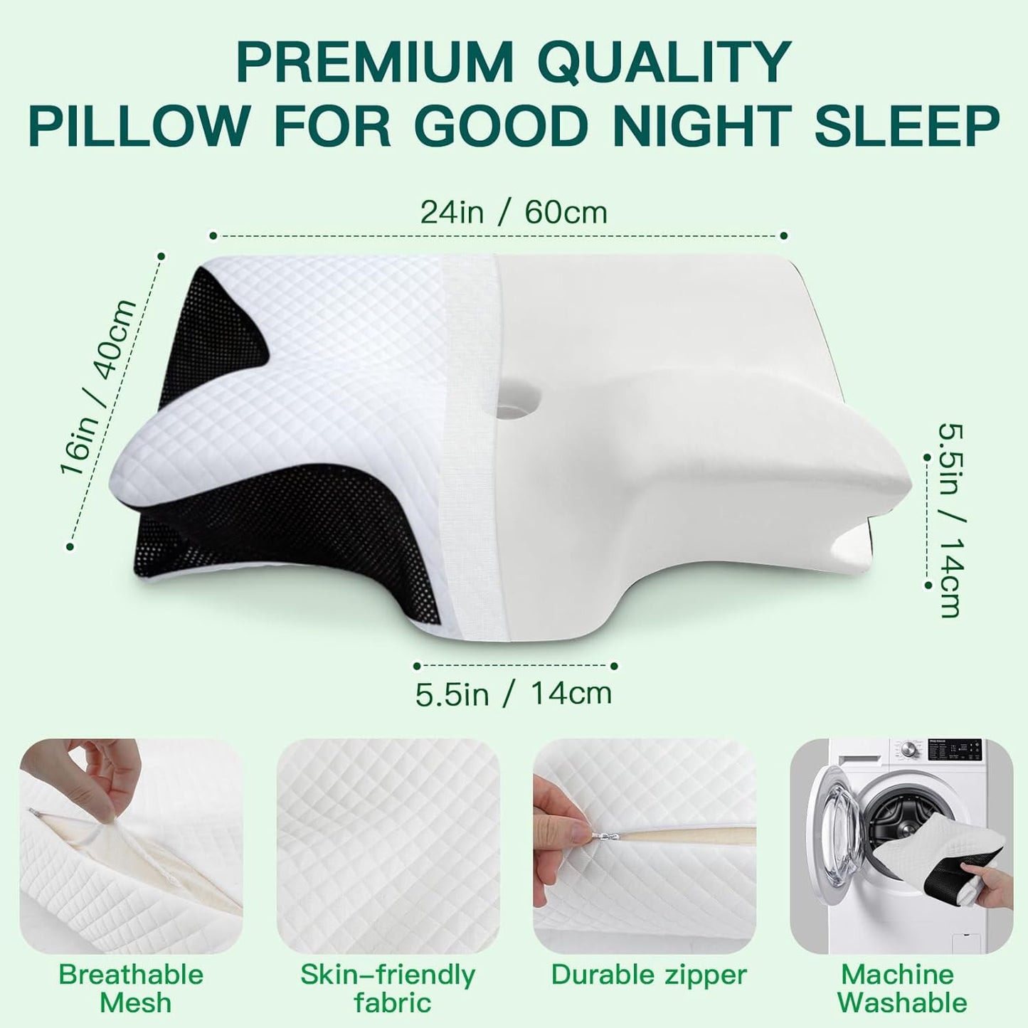 Memory Foam Cervical Pillow, 2-in-1 Ergonomic Neck Support Pillow with Armrest & Ear Hole, Contour Orthopedic Bed Pillow for Pain Relief, Adjustable Height for Side, Back & Stomach Sleepers