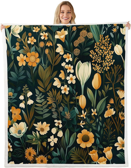 Feelyou Vintage Floral Throw Blanket Boho Floral Soft Fleece Sherpa Cozy Fuzzy Plush Warm Flower Fuzzy Plush Throw Queen 90"x90" for Bed Couch Living Room