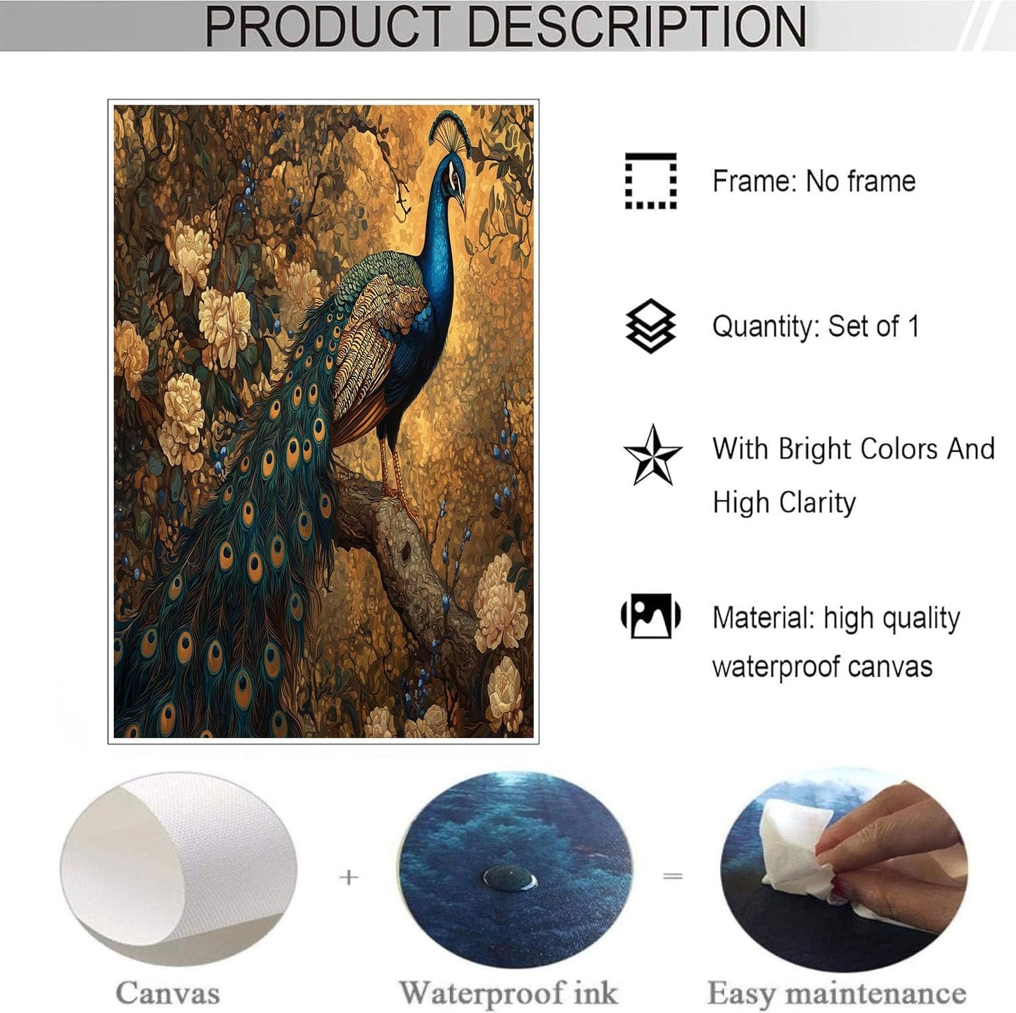 GDJSMIN Nature Bird Portrait Wall Art, Majestic Teal Peacock Poster For Reading Room Living Room Decor 12X 16 Inch Unframed
