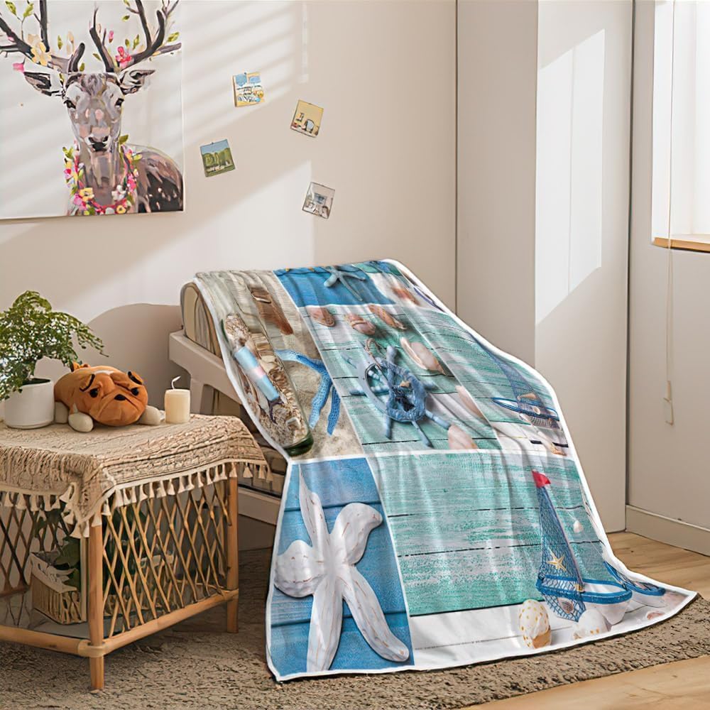 Nautical Throw Blanket for Couch/Bed, Ocean Beach Blanket, Cozy Super Warm Soft Microfiber Fuzzy Flannel Blanket for Kids Girls Boys, Starfish Seashel