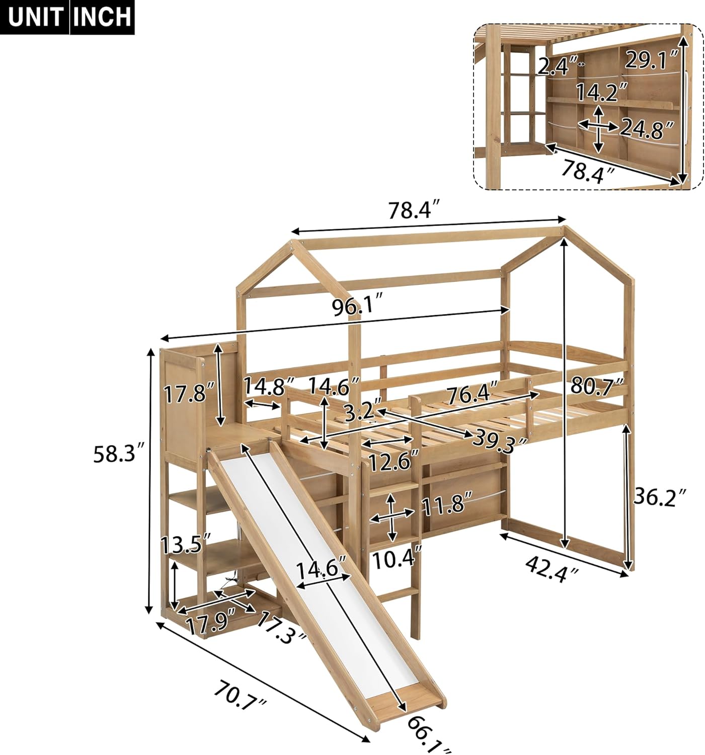 Modern Style 96.1" L Twin Size Wood Frame Loft House-Shape Bed,with Slide, Storage Shelves and Light, Climbing Ramp, Wood Color,1pcs