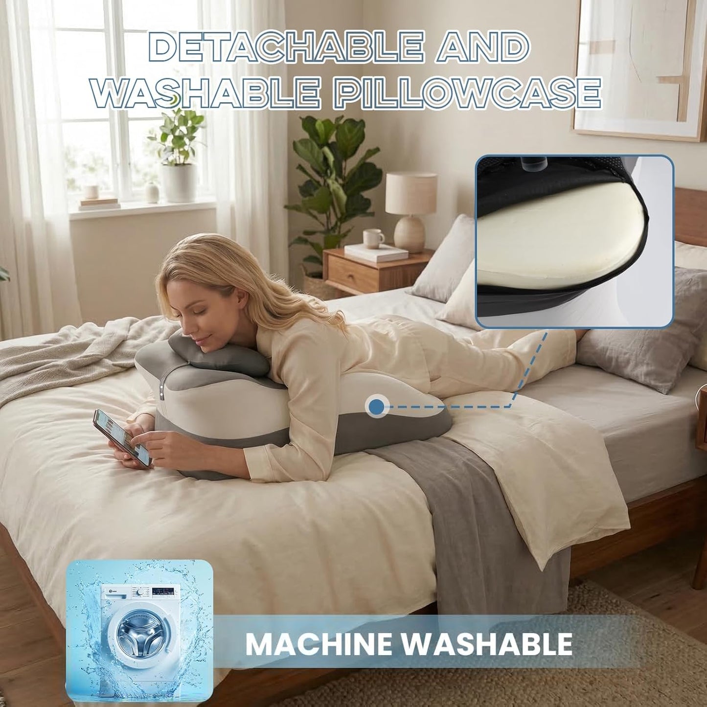 Memory Foam Ergonomic Reading Pillow for Bed, Multi-Position Support Pillow for Reading in Bed, Prone Sleeping, Lumbar & Leg Support, Helps Relieve Back Pain, Acid Reflux, with Removable Cover