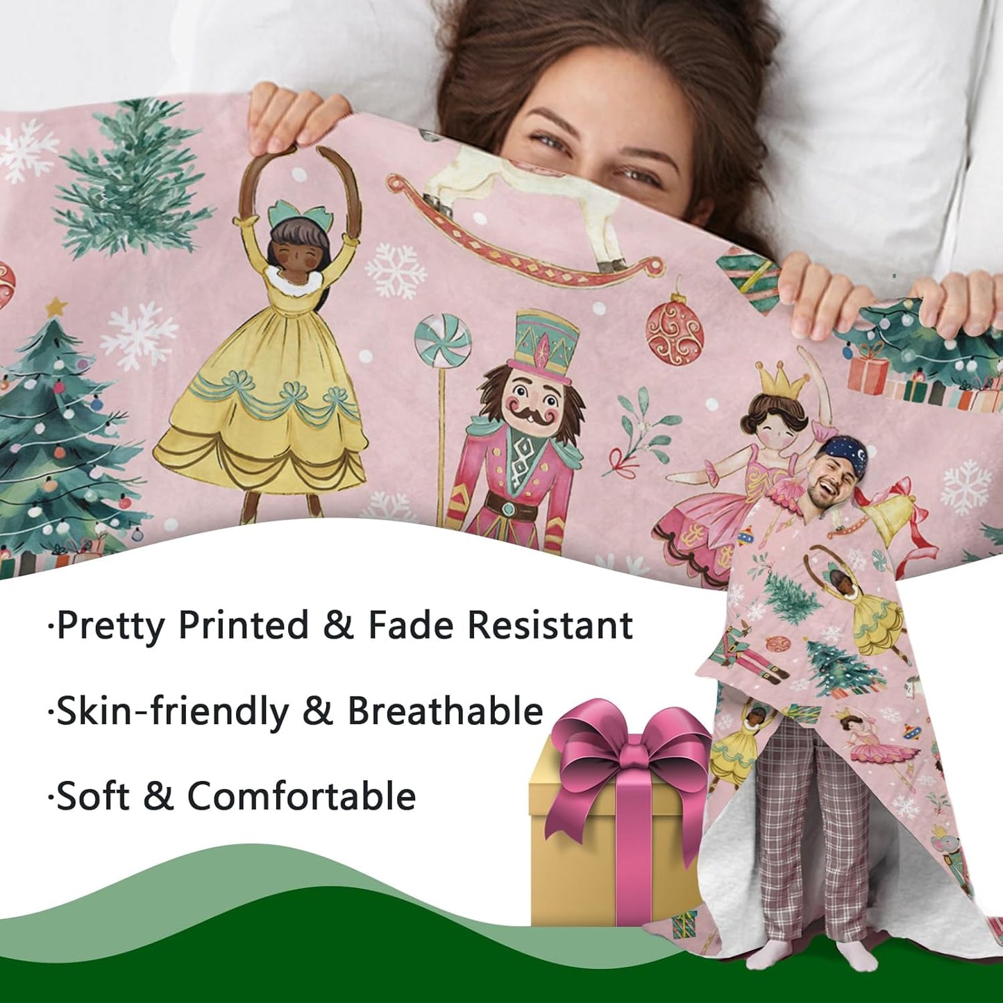Pink Christmas Nutcracker Flannel Throw Blanket, Cute Xmas Tree Wooden Horses Balls Birthday Gifts for Kids Men Women, Winter Holiday Snowflake Soft Blankets for Bedding Sofa 50 x 60 Inches