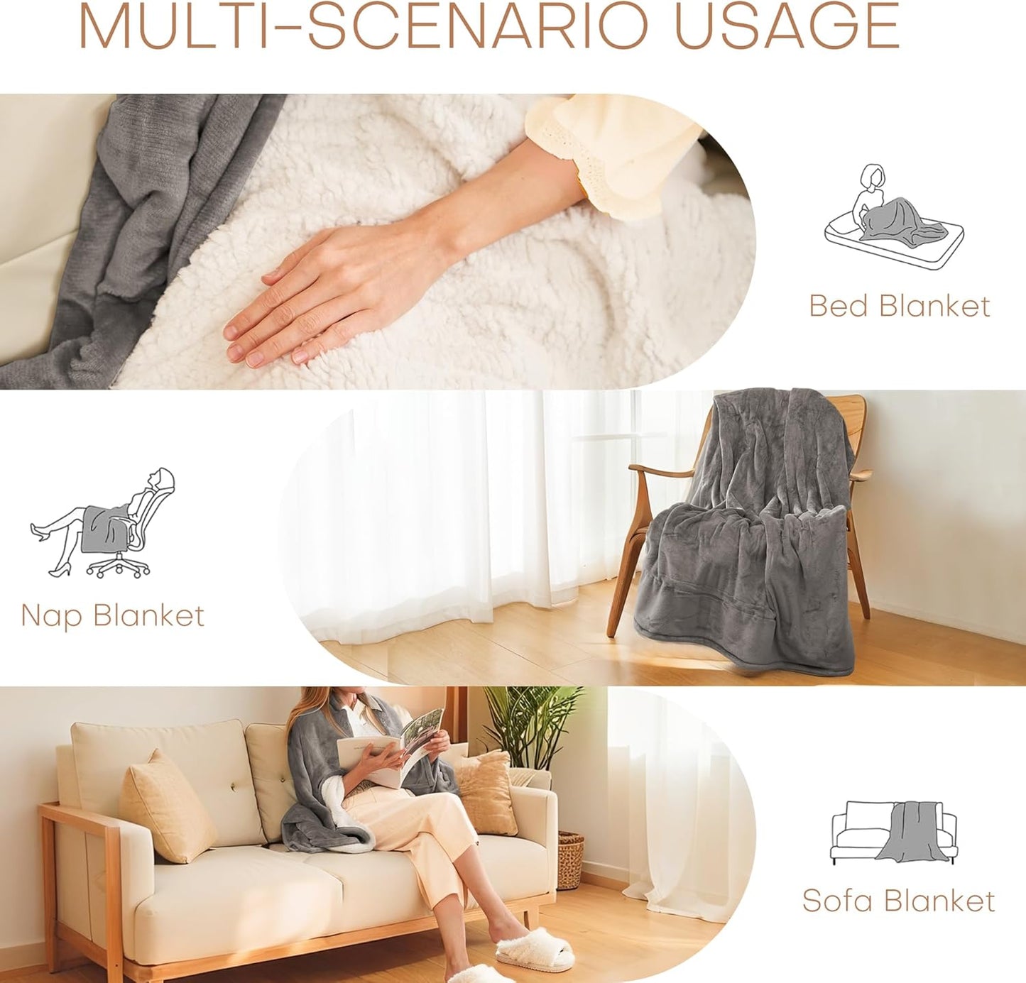 Electric Heated Blanket Throw Size 50"x60" - Flannel & Sherpa Fabric Dual-Sided, Keep Warm All Night, 6 Heat Settings & 1-3 Hours Auto Off, Soft & Cozy, Light Grey