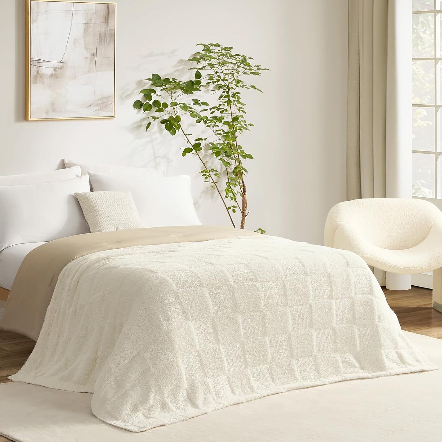 Snuggle Sac Checkered Throw Blanket Faux Fur Microfiber Blankets for Couch,Cozy Soft Warm Blanket for Sofa Bedroom Living Room,Solid Ivory,50x60 inches