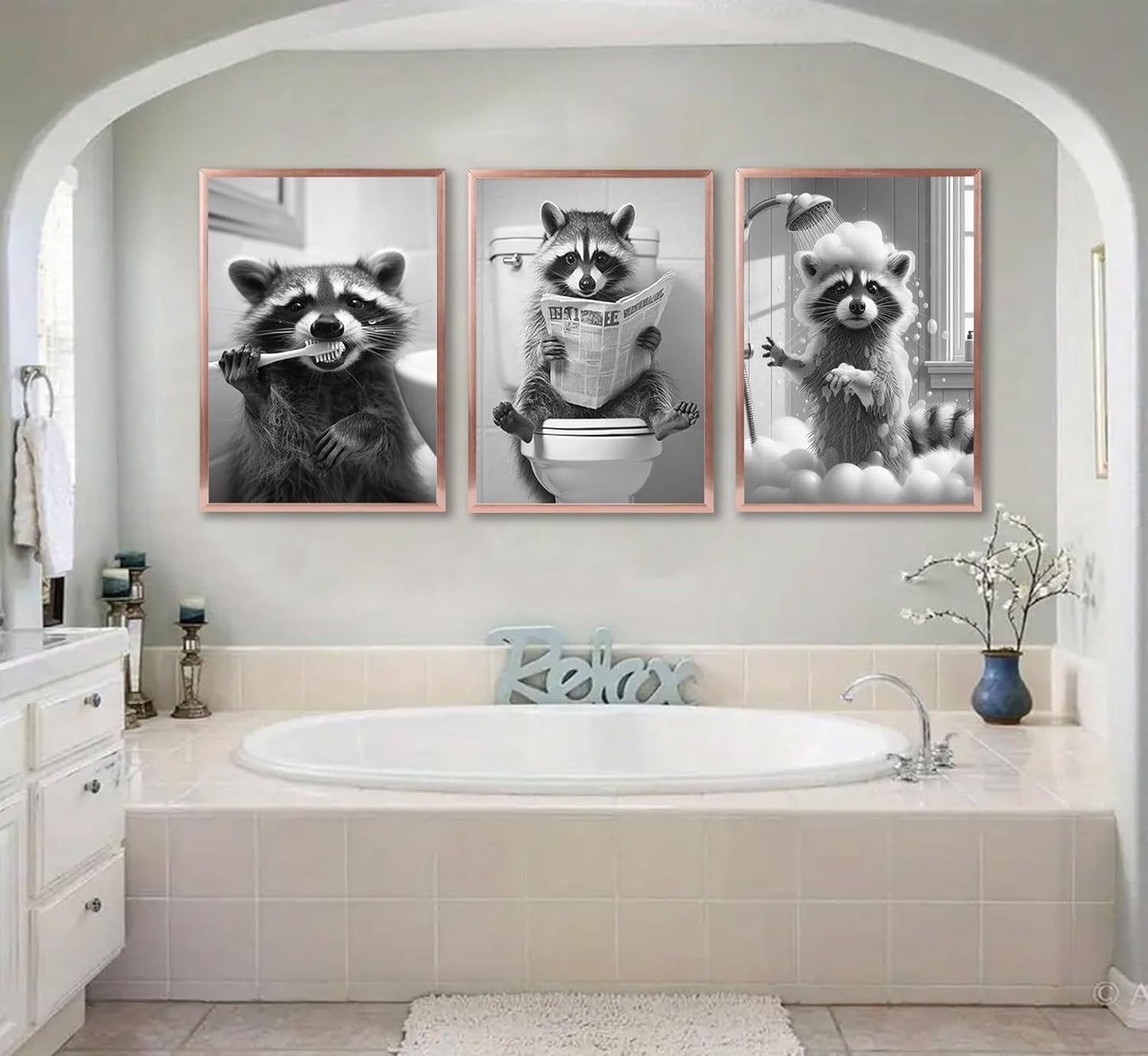 3pcs Adorable Raccoon Bathroom Canvas Wall Art Raccoon On Toilet Reading Newspaper Brush Teeth Posters Prints Black And White Animal Pictures Wall Decor for Bathroom Toilet Shower Room Decoration