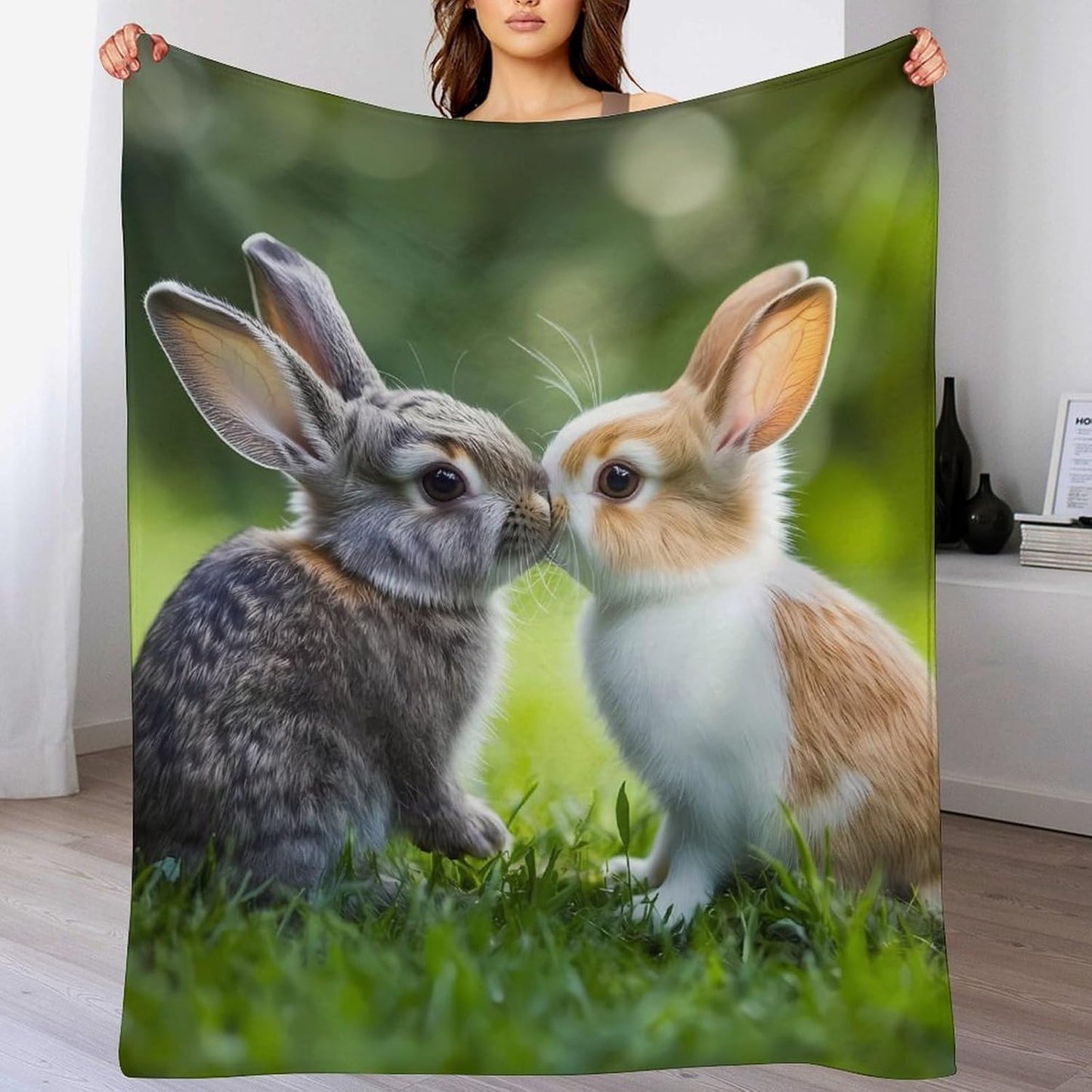 Rabbit Couple Kiss Throw Blanket for Couch Bed Plush Cozy Fuzzy Flannel Blanket for All Season 50"x60"