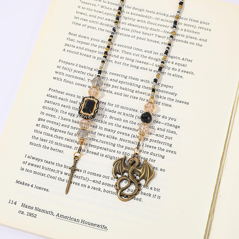 Fantasy Dragon Sword Bookmark - Crystal Beaded Bookmark Chain Mystical Aesthetic Dragon Charm Pendant Fourth Wing Dragon Book Lovers Book Gift Student School Supplies