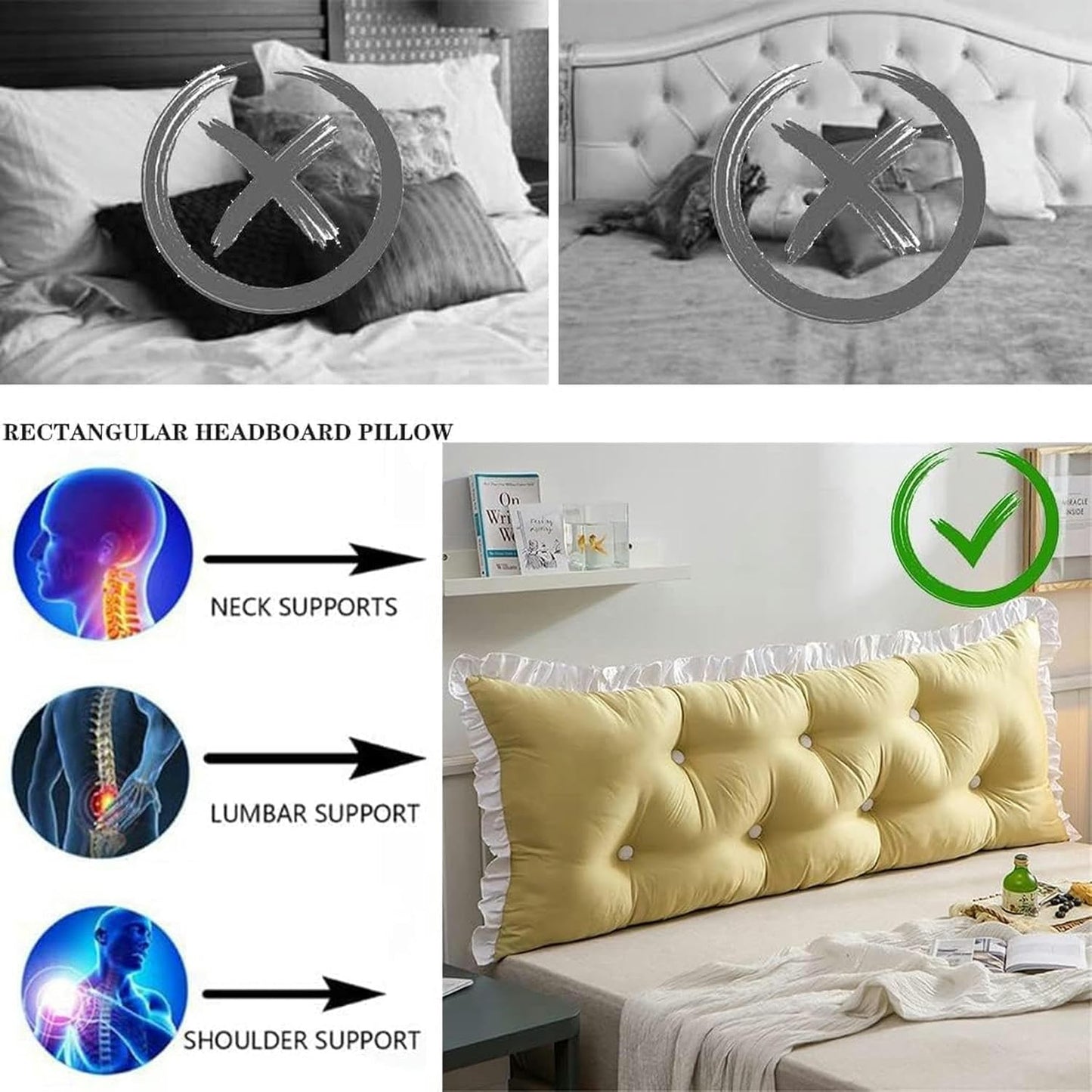 Rectangular Headboard Cushion, King Tatami Bed Soft Pack Removable Watching TV Relaxing Reading Pillow Bed Rest Pillows(Beige,150cm)