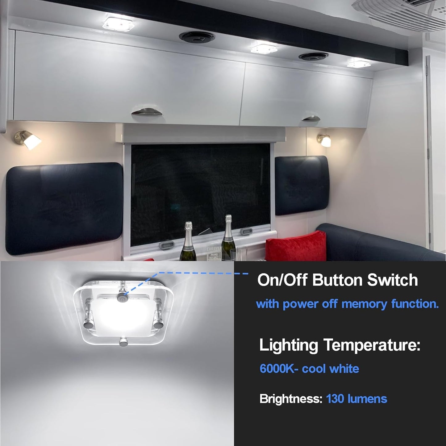 Dream lighting RV Interior Light - 3.5 inch LED Square Ceiling Light Fixture with Switch - 12V Under Cabinet Light with Crystal Lens - 6000K White Lighting - 2W 130Lumens - Surface Mount (1 Light)