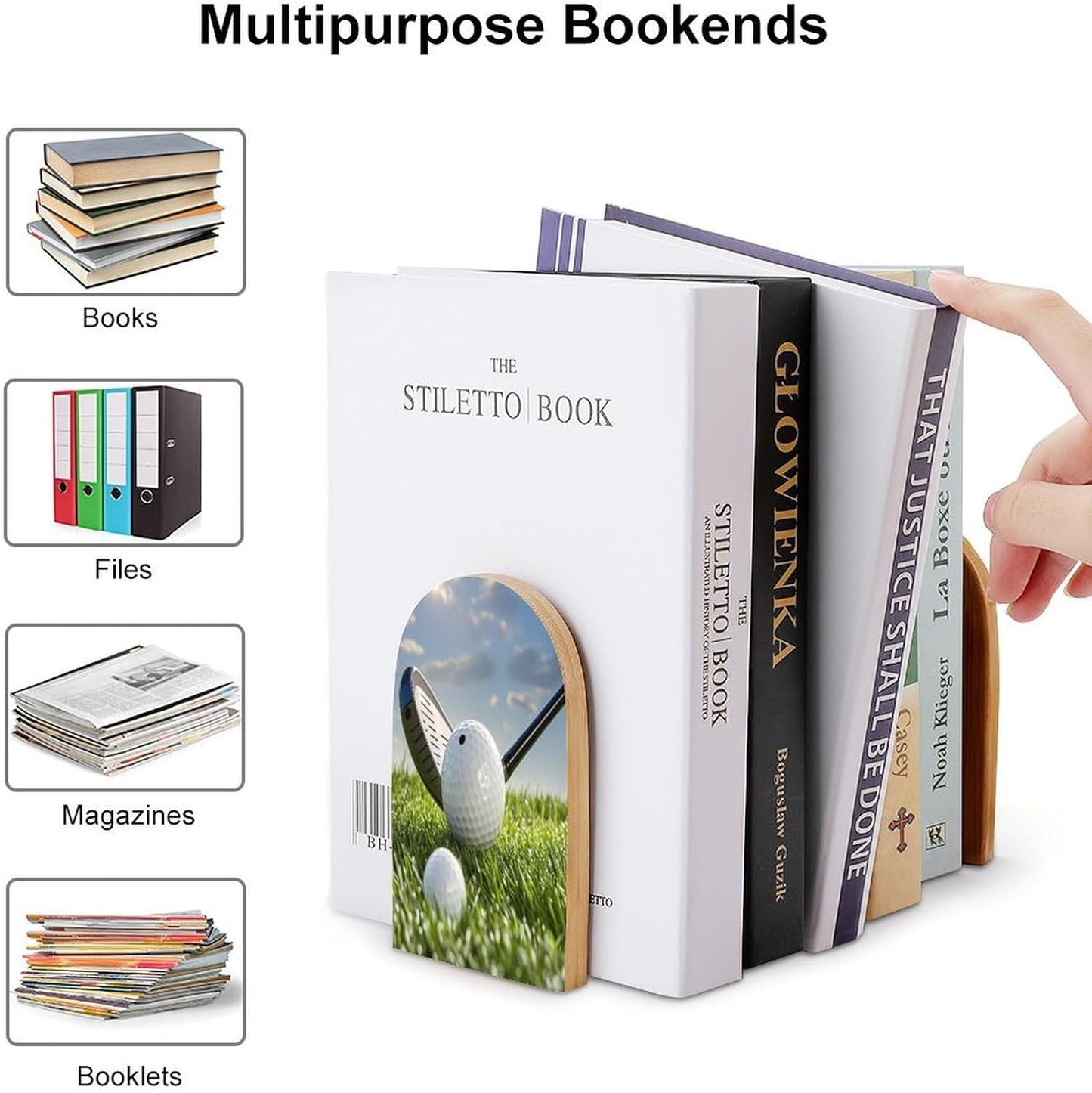 Golf Ball Bookends 1 Pair Heavy Duty Book Ends for Shelves Non-Skid Bookend Supports Wooden Book Holders with Metal Base Desk Organizers Books Storage to Hold Books