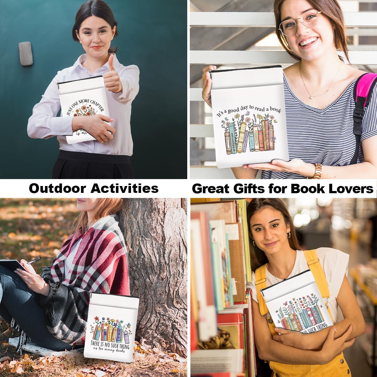 Book Lovers Gifts，Bookish Gifts Book Sleeve Books 4Pcs Pouch Protector with Zipper, Reading Accessories, Birthday Friendship Appreciation Gift for Women Bookworm Reader Friend Teacher Librarian