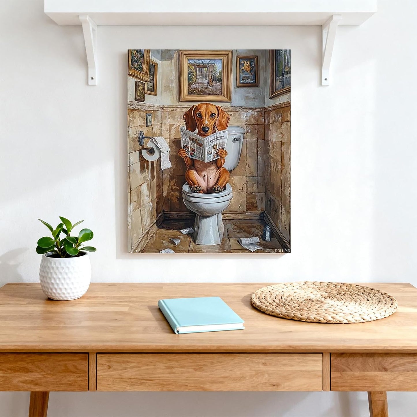 DOLUPID Dachshund Dog Sitting on Toilet and Reading A Newspaper Posters Wall Art Decoration for Bathroom Vertical Artwork Painting Canvas Print 8x10inch with Frame