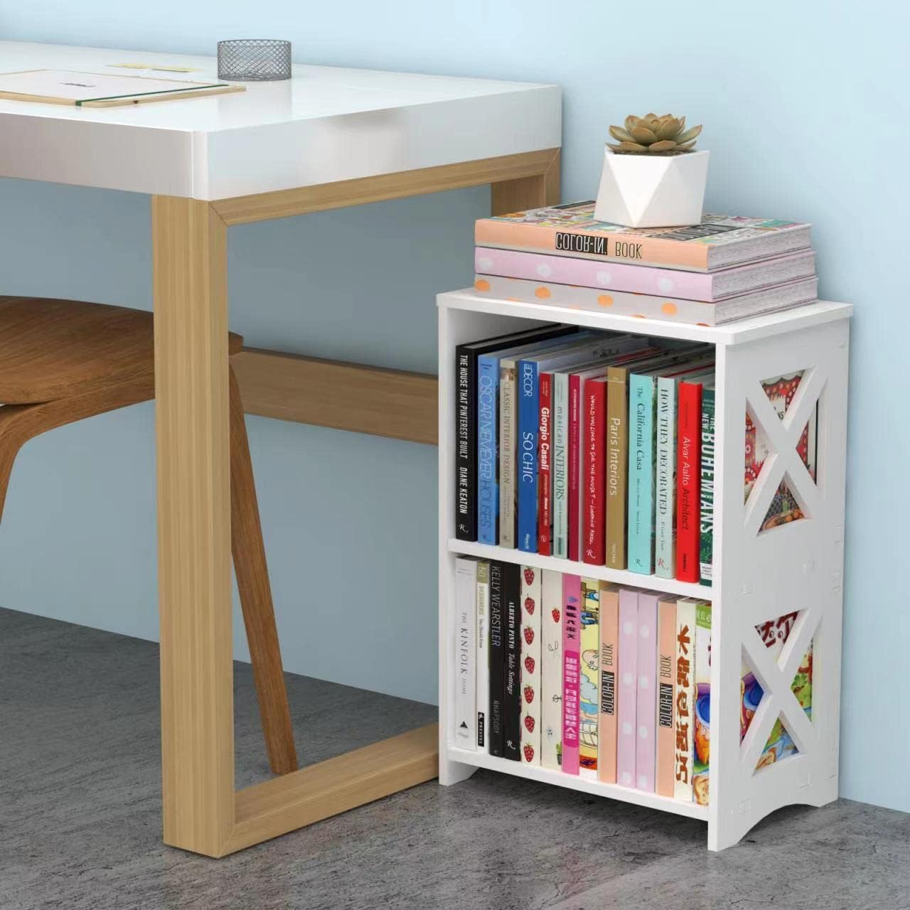 Side Table, Narrow End Table with Storage Shelf, Minimalist Bedside Tables Nightstand, Small Bookshelf Bookcase, Bathroom Shelves, Display Rack for Bedroom, Living Room, Office, White.