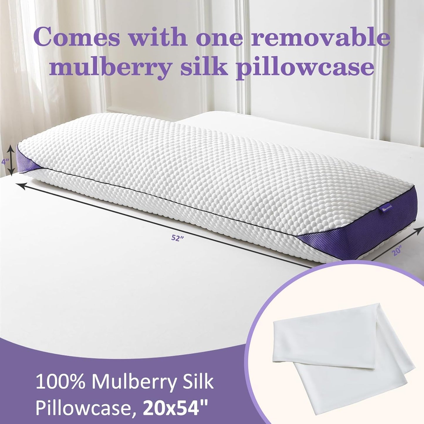 HOMELAB Adjustable Shredded Memory Foam Body Pillow Bundle with Mulberry Silk Pillowcase, Cooling Long Pillow Full Support for Side Sleepers, Back, Hip & Leg Comfort, 1 Pack 20"x52"
