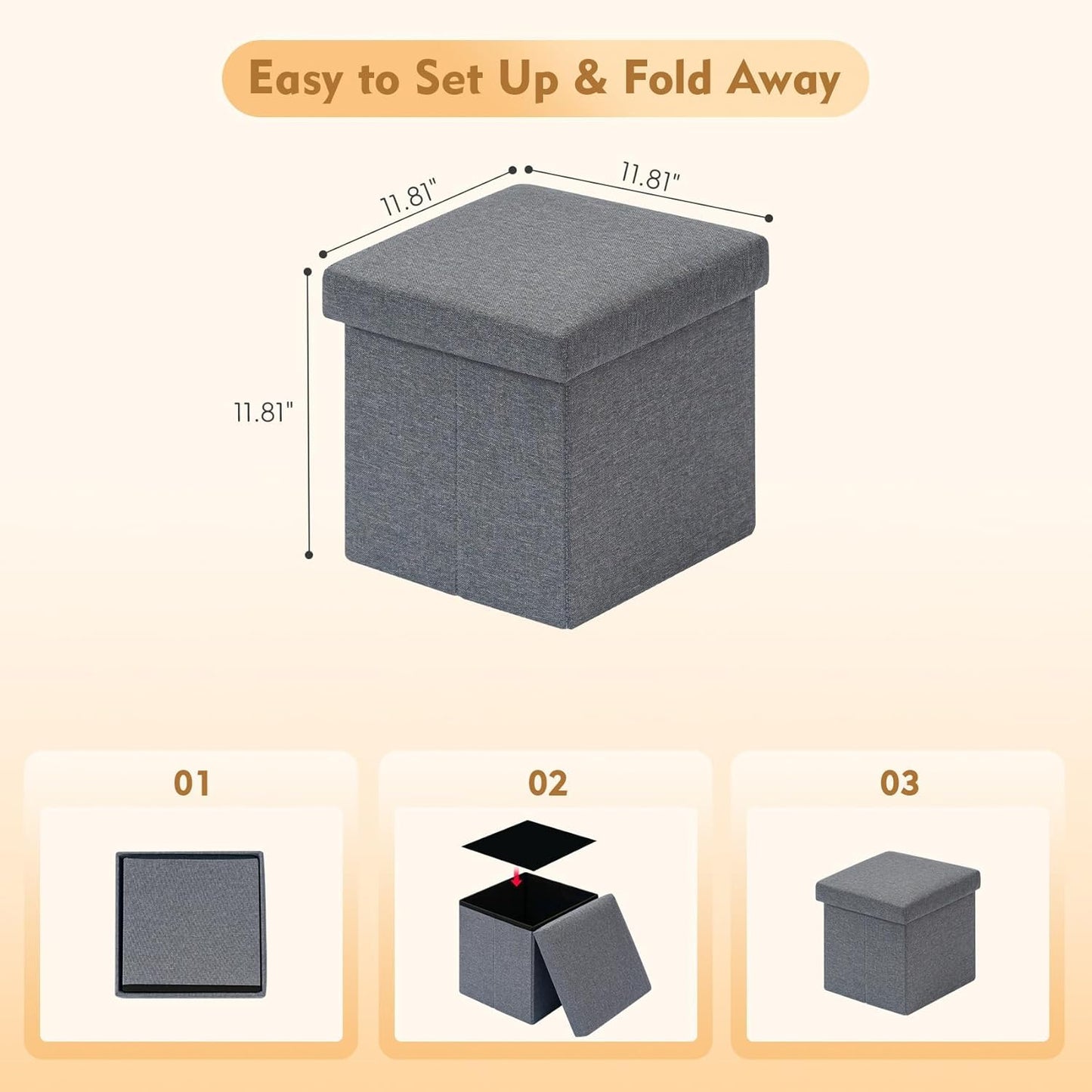 B FSOBEIIALEO Storage Ottoman Cube, Linen Small Foot Seat,for Living Room, Bedroom, Home Office, Dorm Storage Footrest Grey 11.8"x11.8"x11.8"