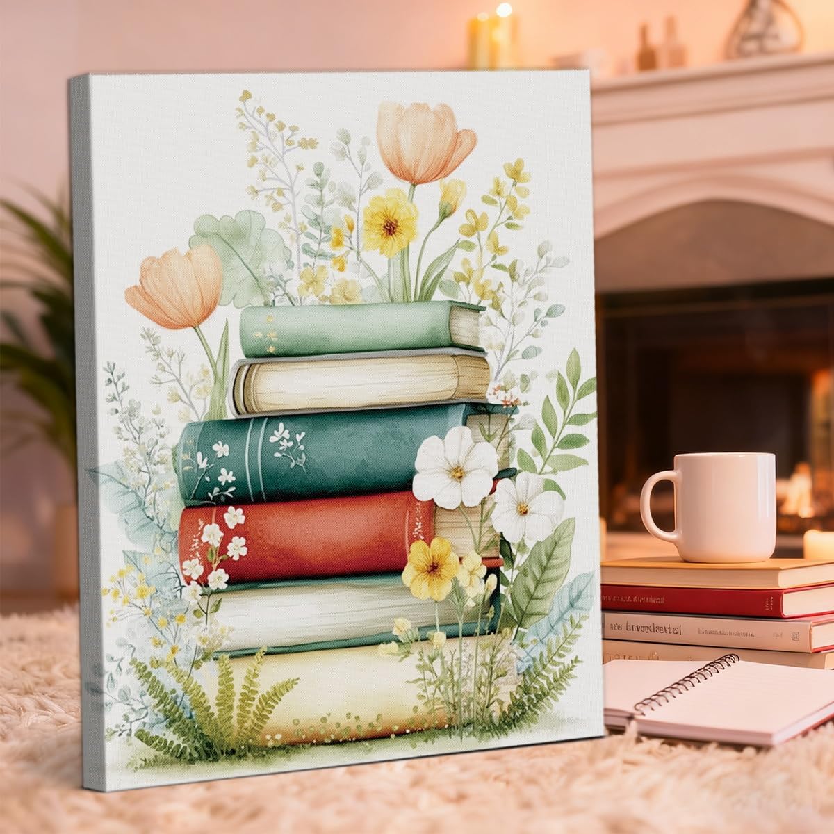 YJIKRTVT Floral and Book Canvas Wall Art, Aesthetic Reading Nook Decor, Botanical Flowers Watercolor Canvas Printing Artwork, Painting Artwork Wall Decor for Living Room Bedroom 8x10 Inches