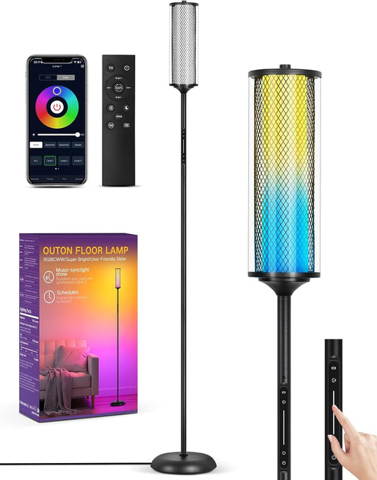 OUTON Corner Floor Lamp with Remote, Touch & App Control, RGB Color Changing Standing Lamp with 32 Modes, 360 Lighting, 3 Color Temperatures, Dimmable 66 in Tall Lamp for Living Room,Black & Glass