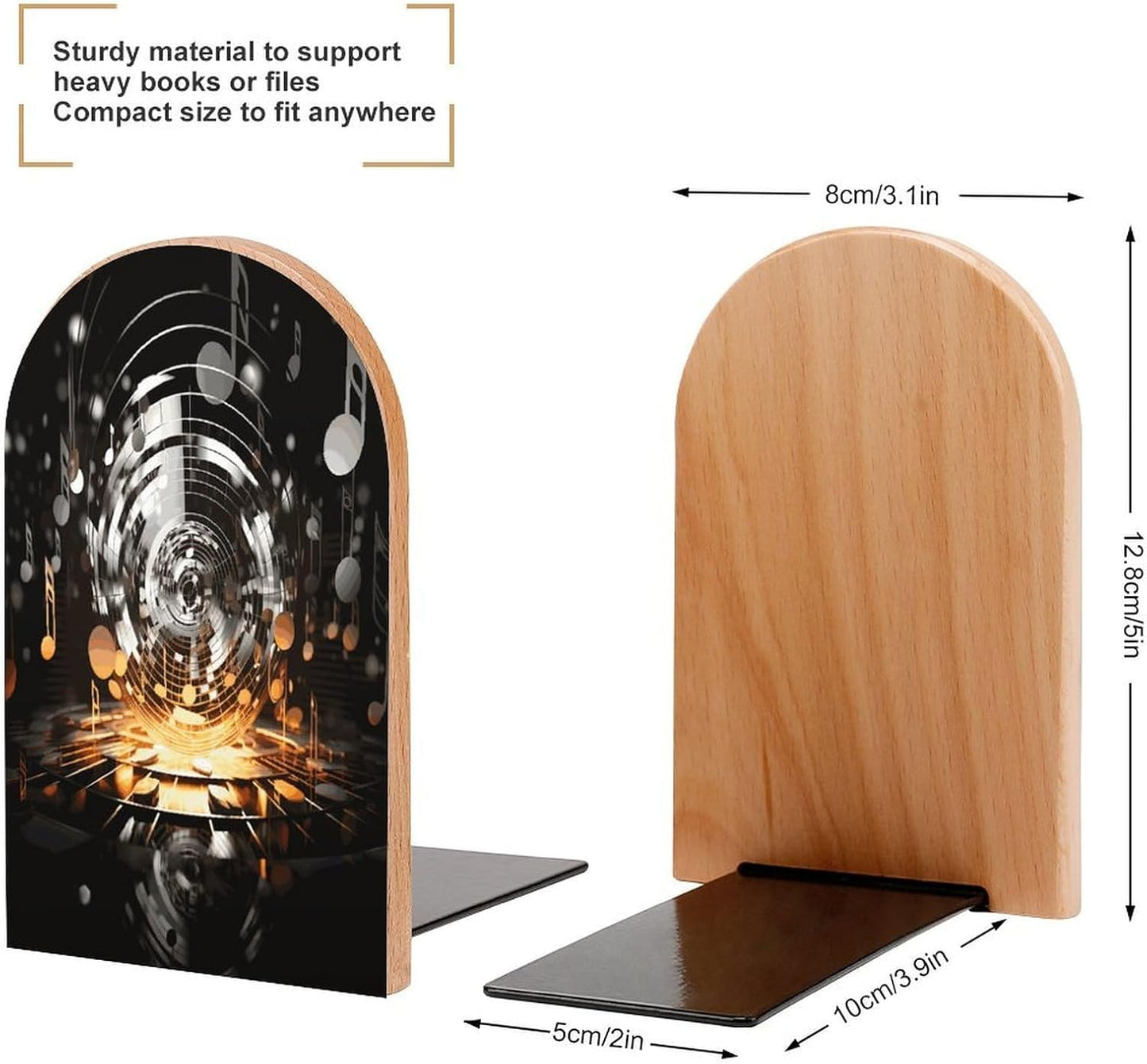 Musical Theme Music Clefs Bookends 1 Pair Heavy Duty Book Ends for Shelves Non-Skid Bookend Supports Wooden Book Holders with Metal Base Desk Organizers Books Storage to Hold Books